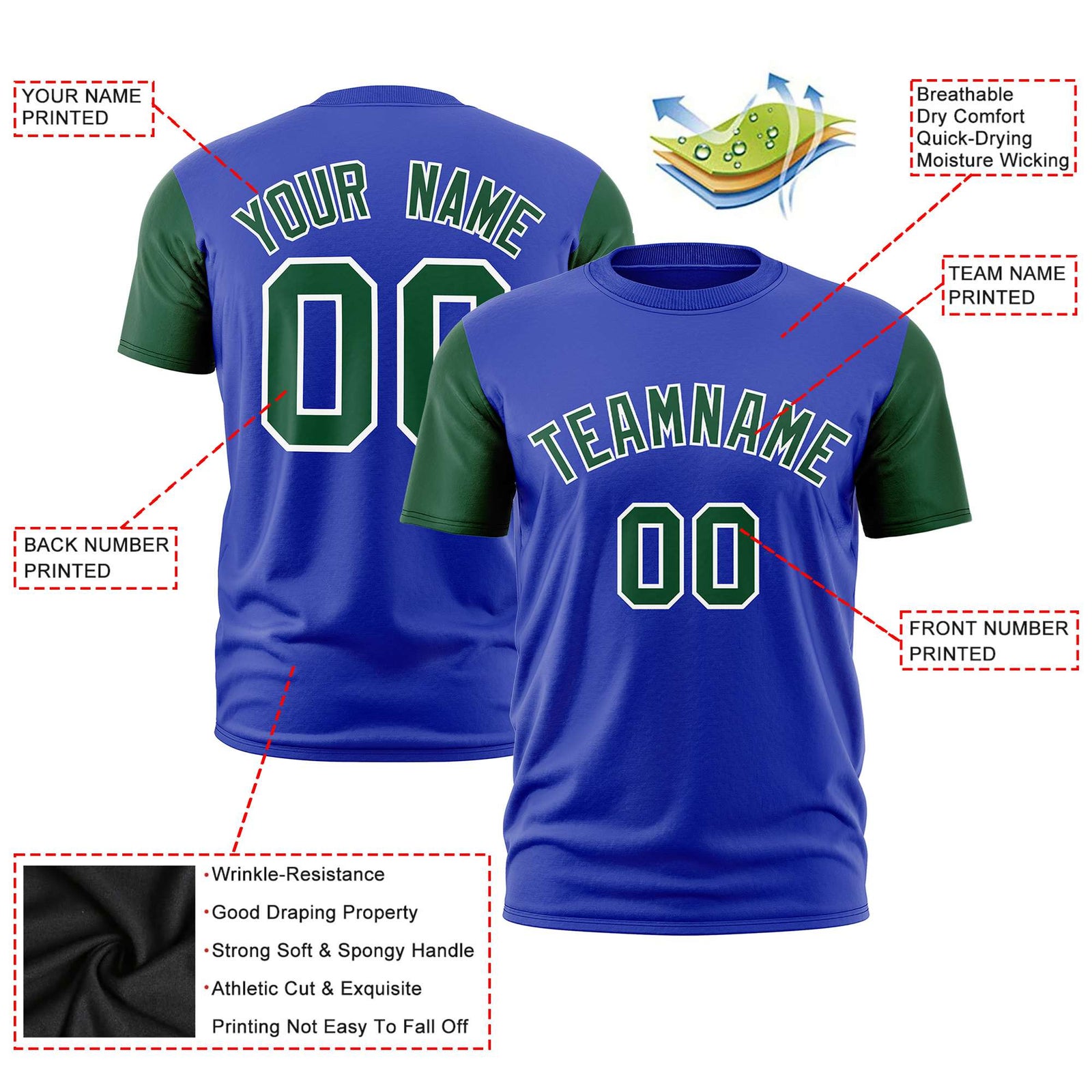 Custom Royal Blue Green White Crew Neck Personalized Raglan Sleeve Performance T-shirt