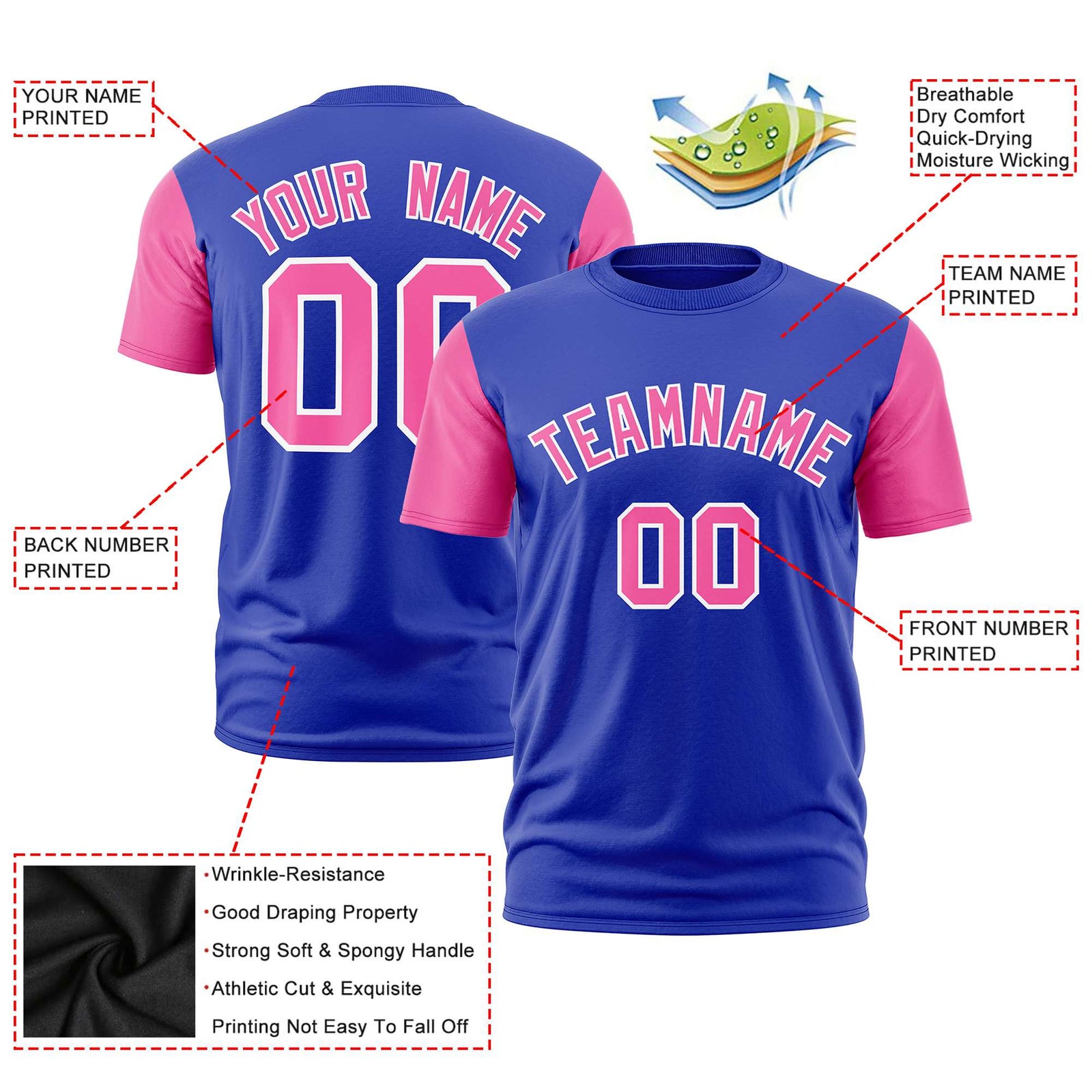 Custom Royal Blue Pink White Crew Neck Personalized Raglan Sleeve Performance T-shirt