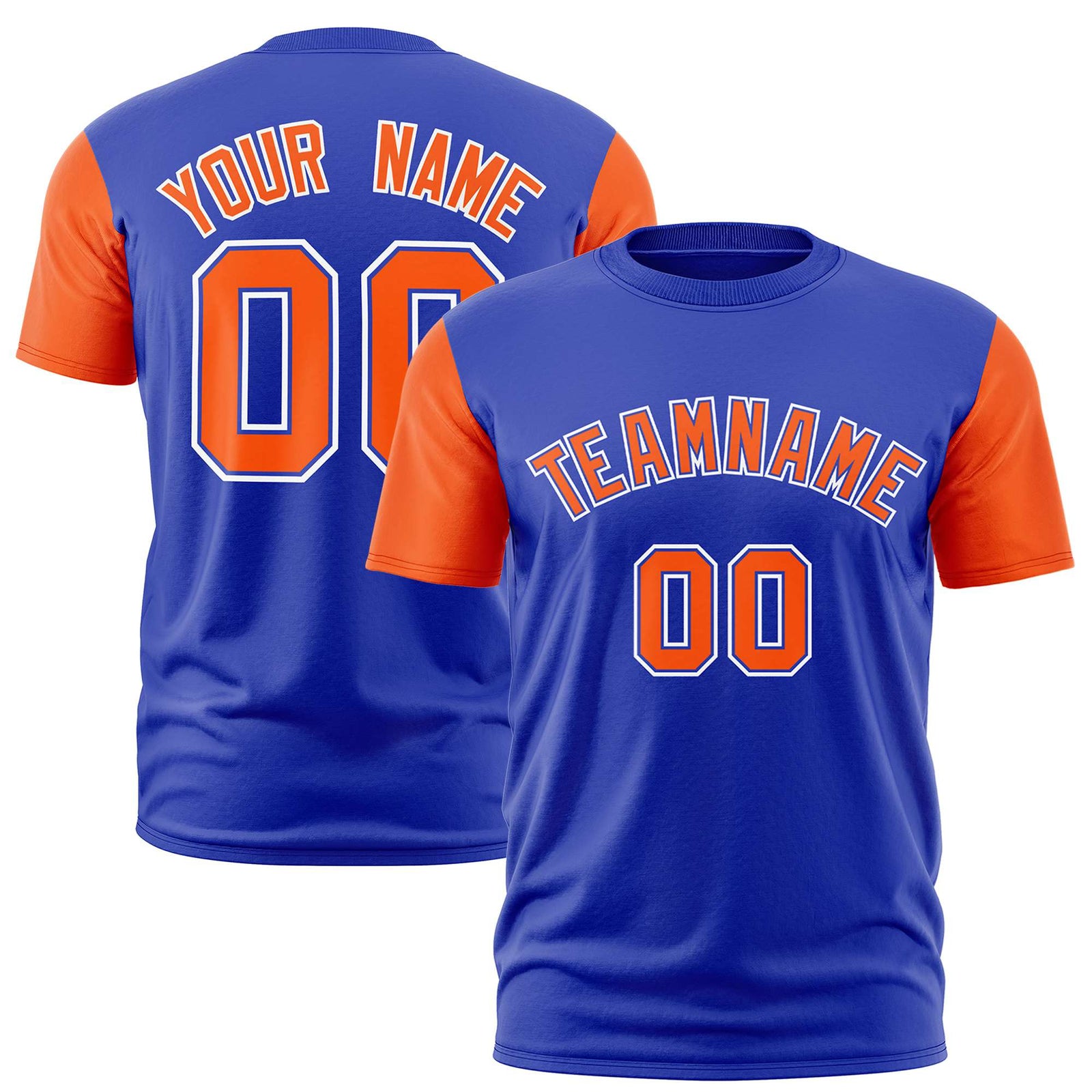 Custom Royal Blue Orange White Crew Neck Personalized Raglan Sleeve Performance T-shirt