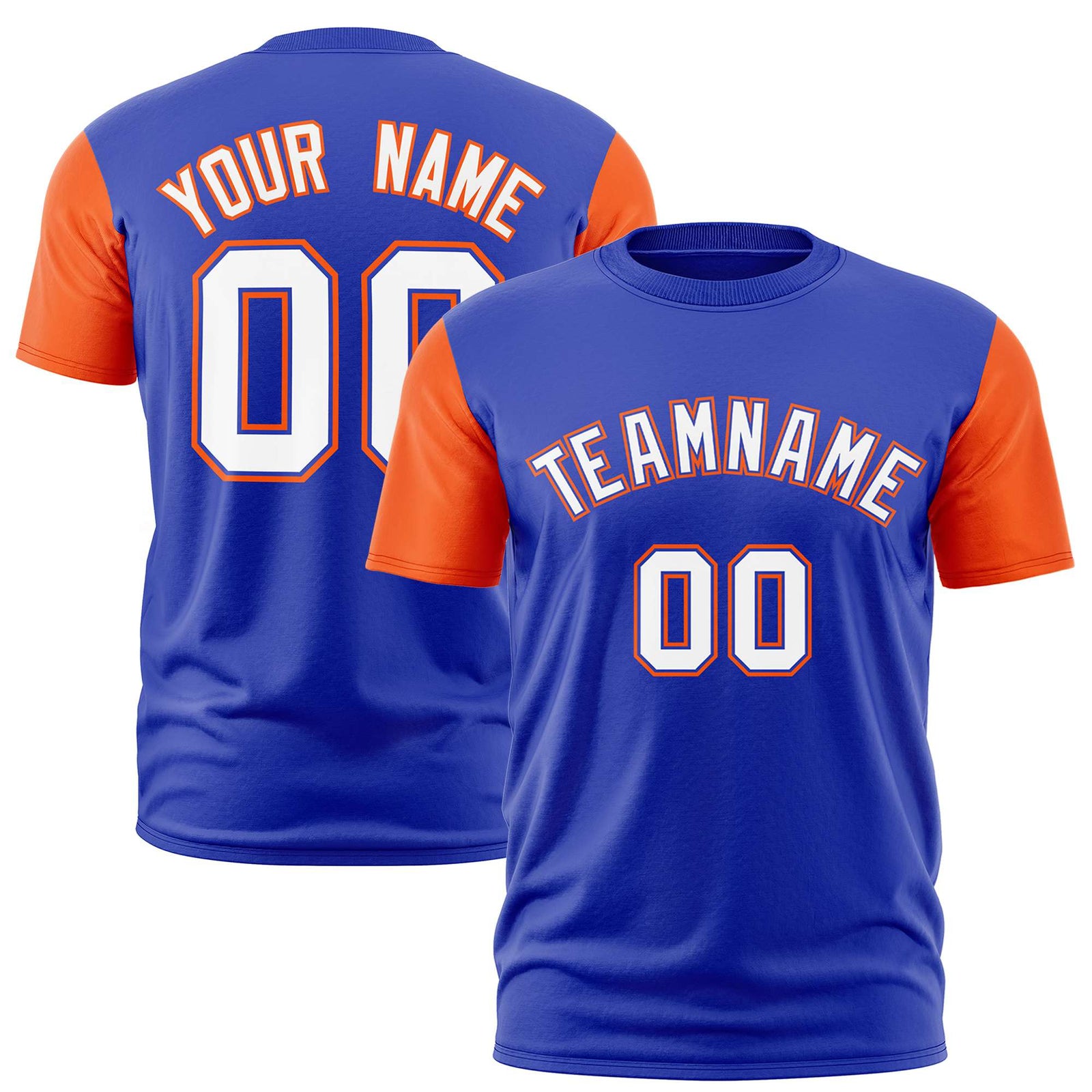 Custom Royal Blue Orange White Crew Neck Personalized Raglan Sleeve Performance T-shirt