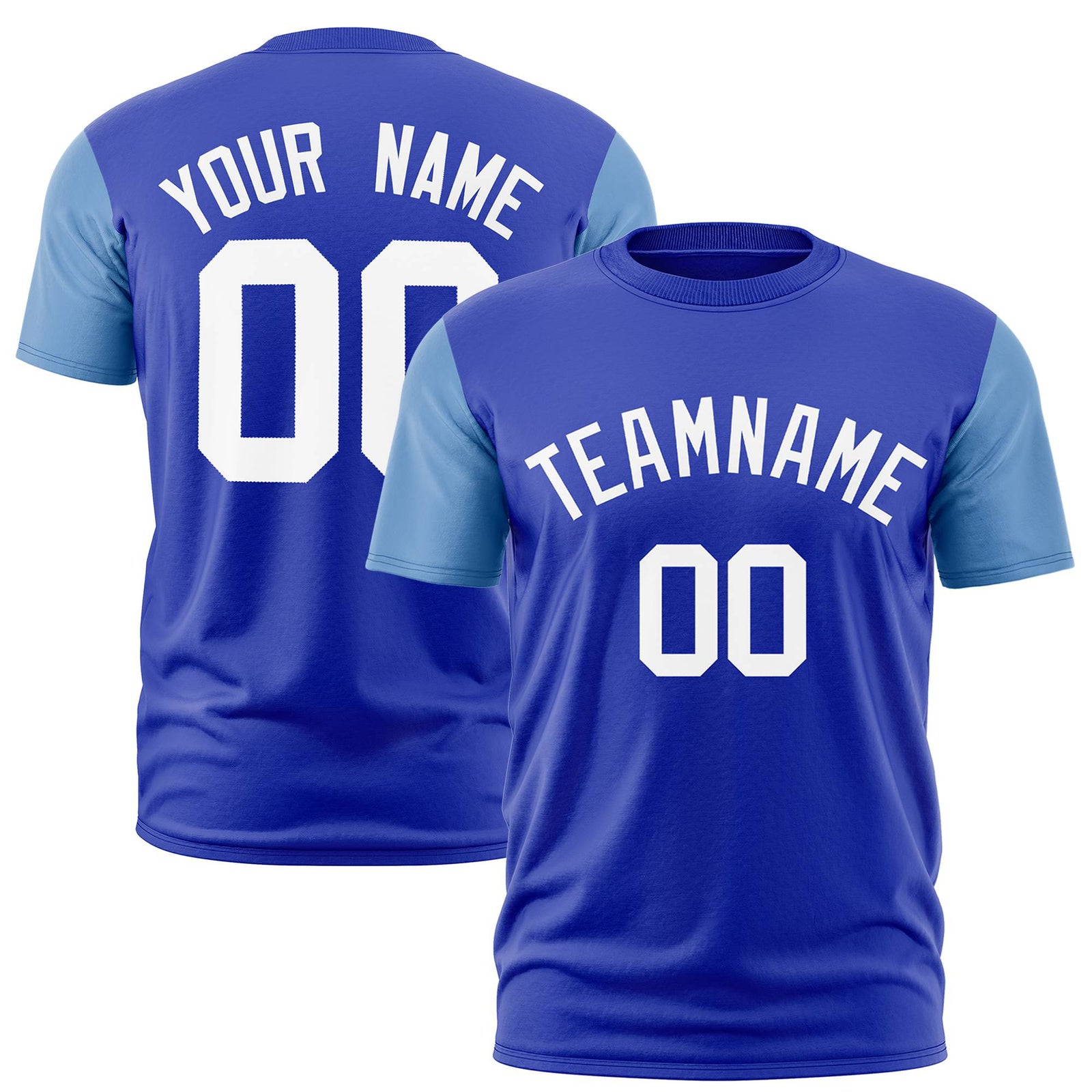 Custom Royal Blue Light Blue White Crew Neck Personalized Raglan Sleeve Performance T-shirt