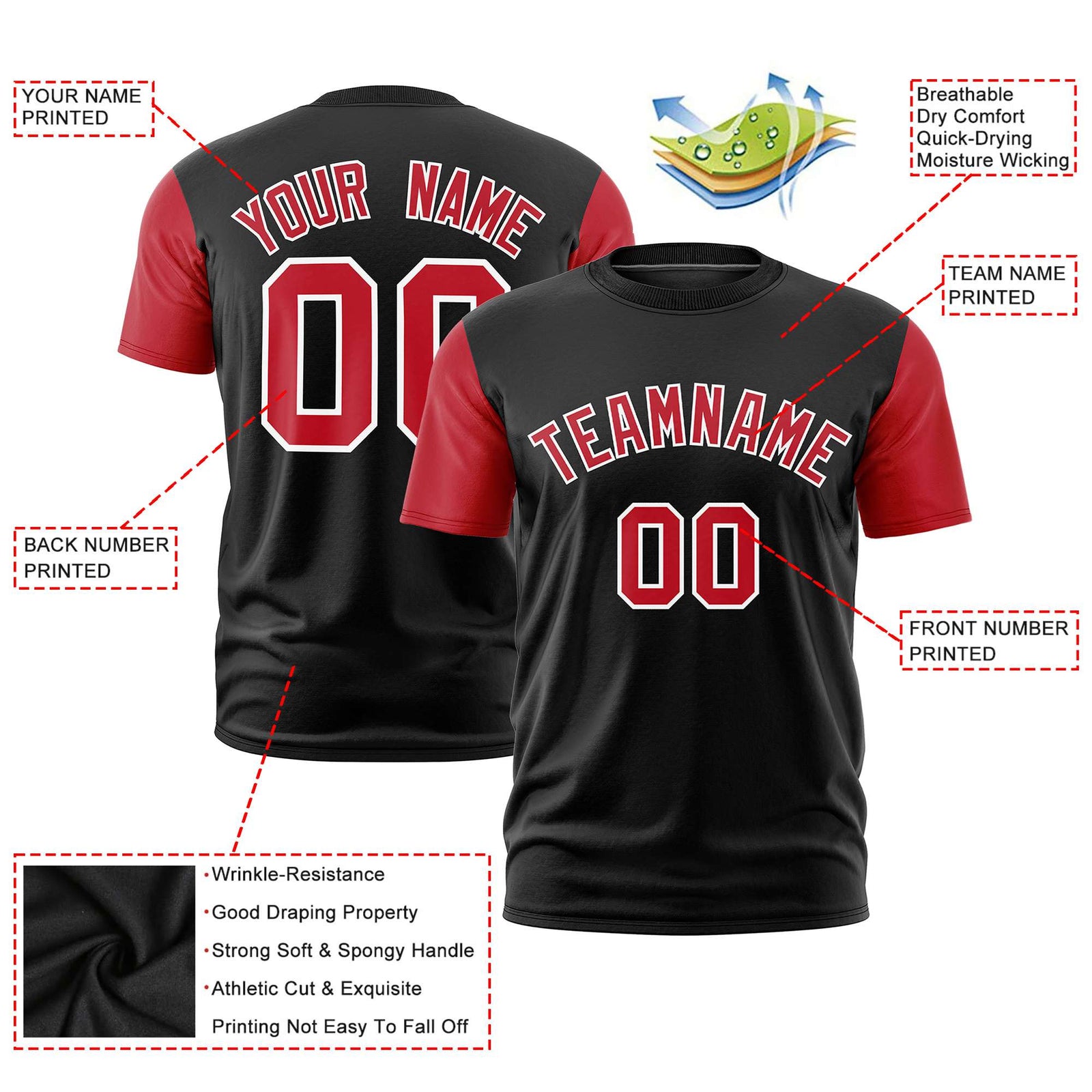 Custom Black Red White Crew Neck Personalized Raglan Sleeve Performance T-shirt