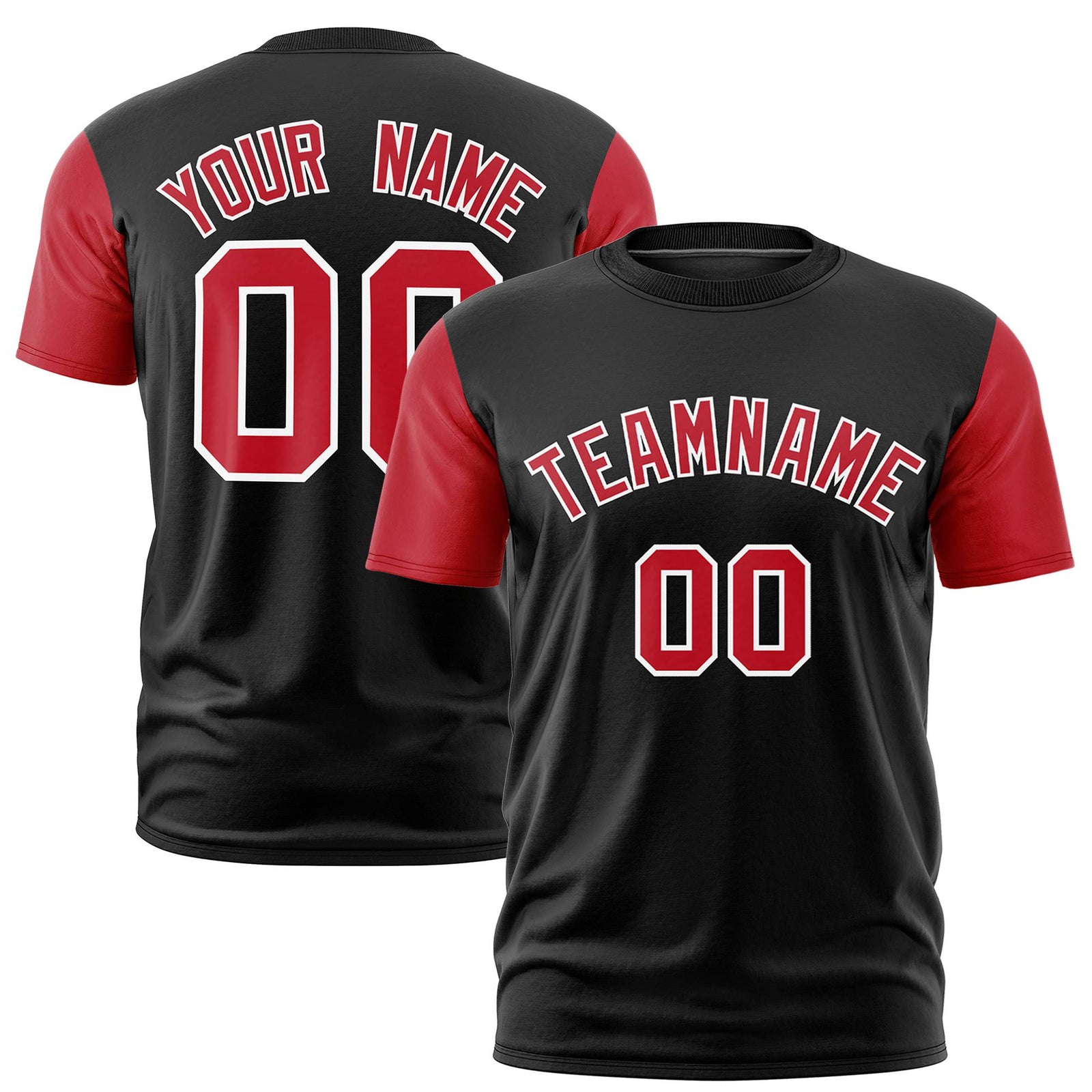 Custom Black Red White Crew Neck Personalized Raglan Sleeve Performance T-shirt