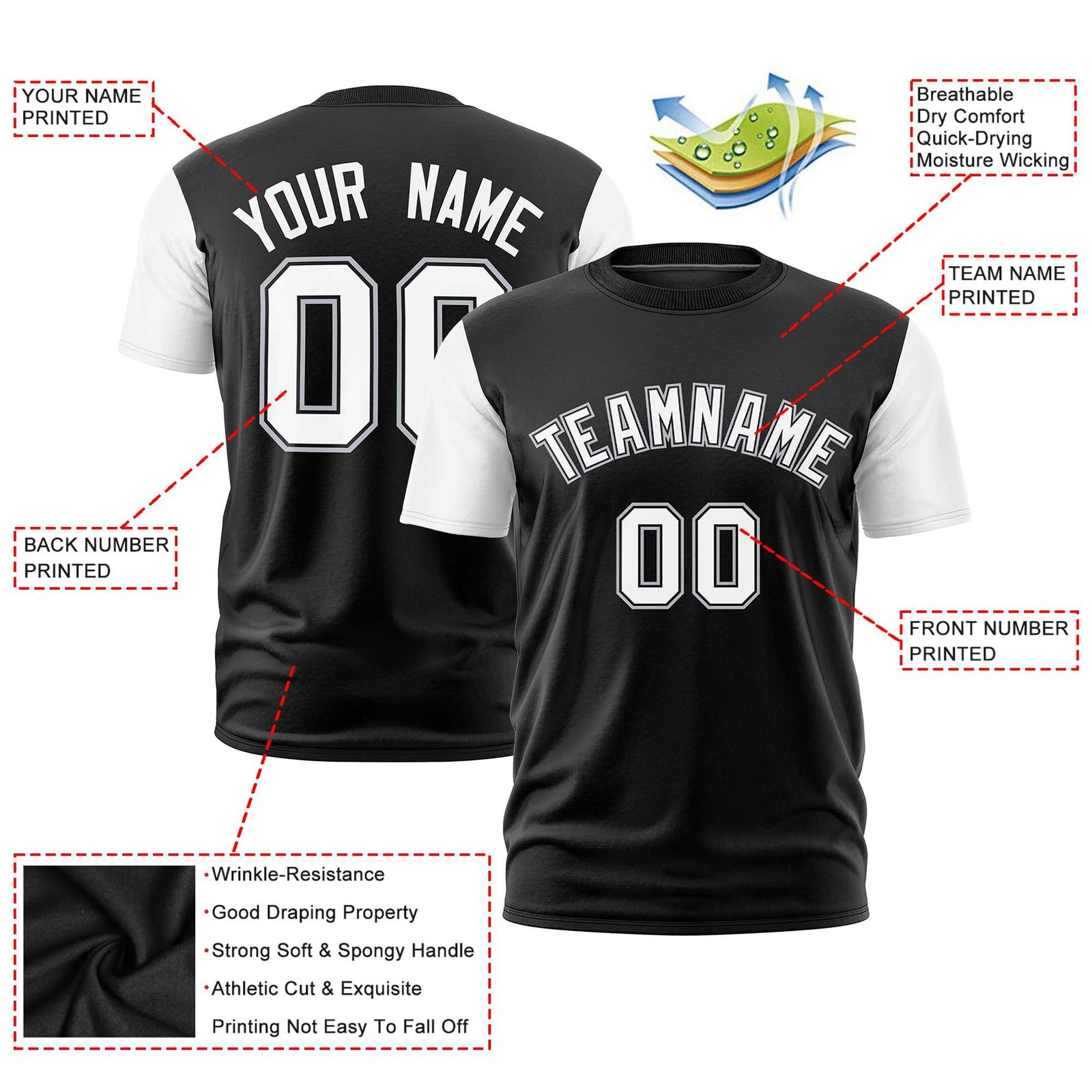 Custom Black White Crew Neck Personalized Raglan Sleeve Performance T-shirt