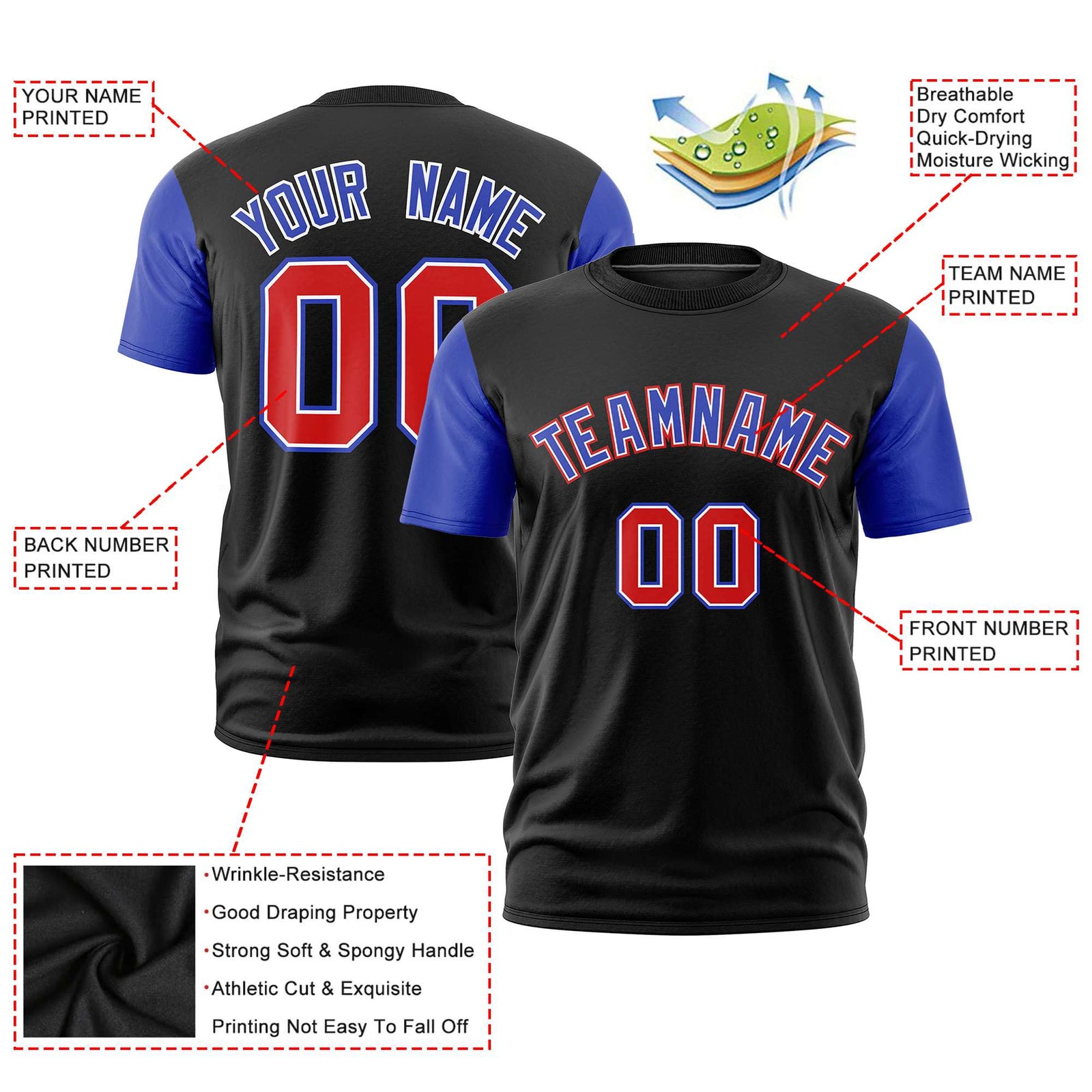 Custom Black Royal Blue Red Crew Neck Personalized Raglan Sleeve Performance T-shirt