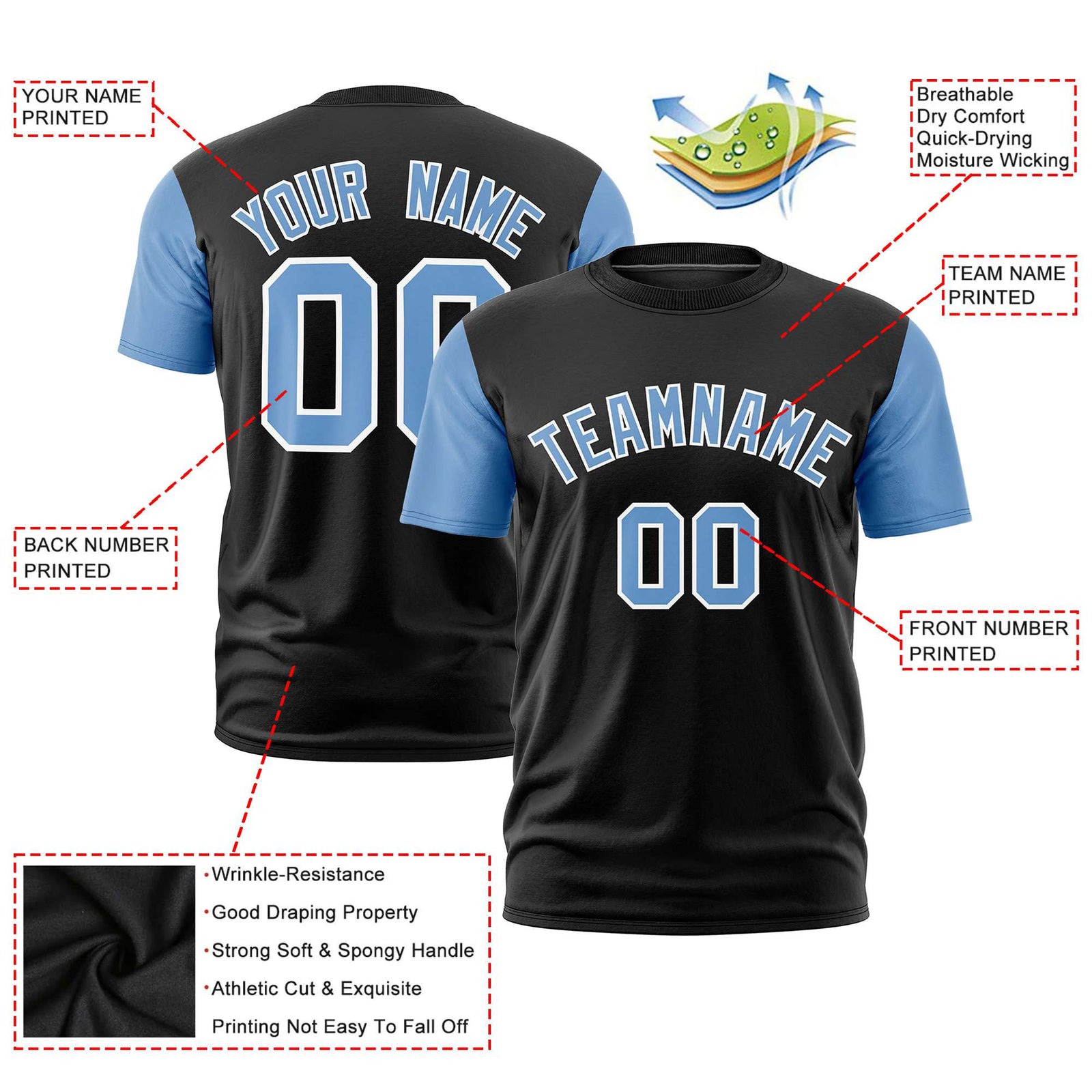 Custom Black Light Blue White Crew Neck Personalized Raglan Sleeve Performance T-shirt