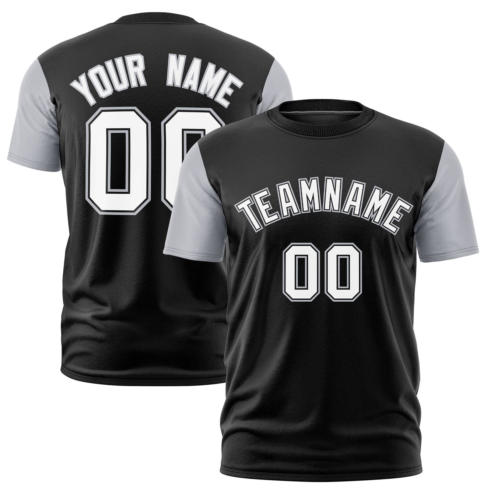 Custom Black Gray White Crew Neck Personalized Raglan Sleeve Performance T-shirt