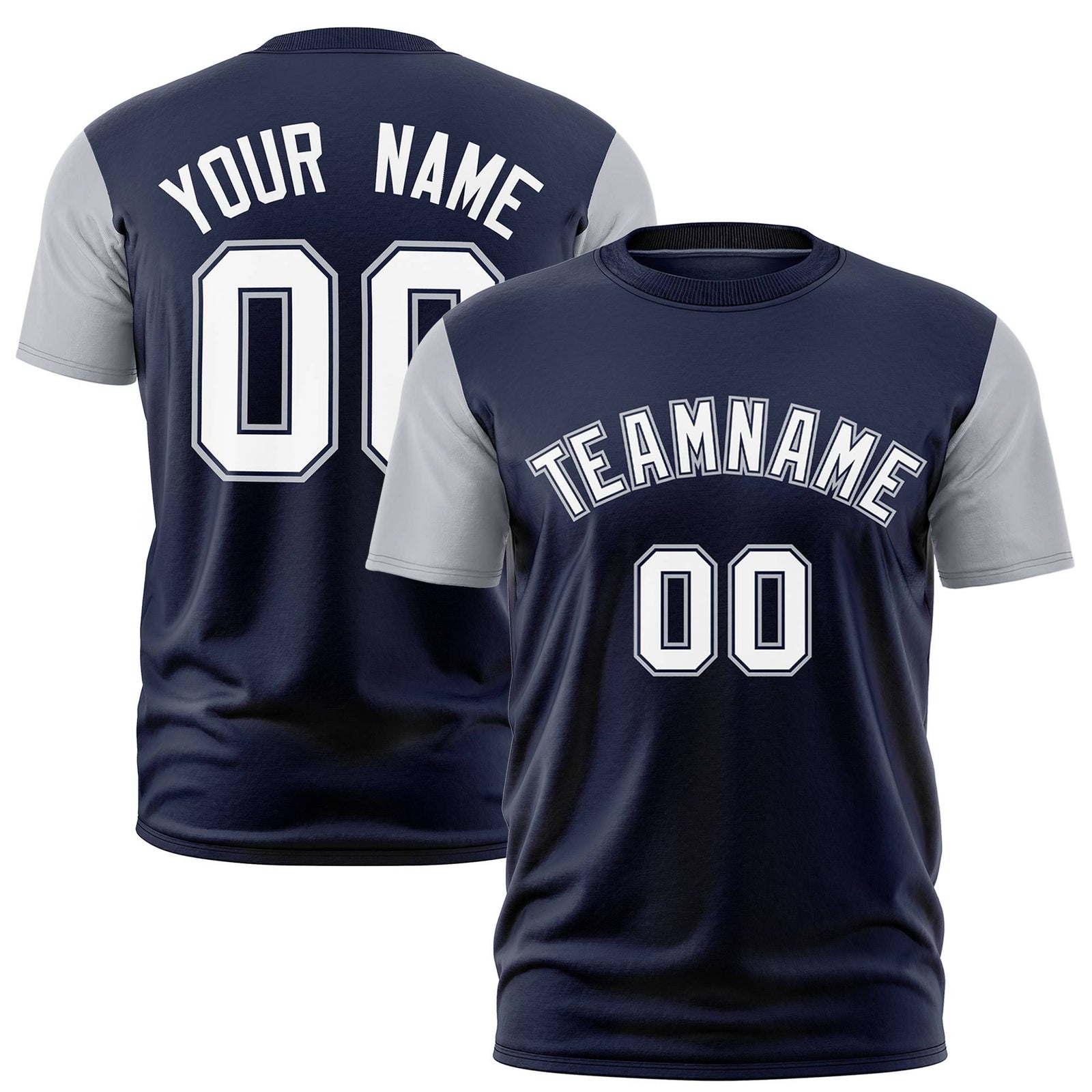 Custom Navy Gray White Crew Neck Personalized Raglan Sleeve Performance T-shirt