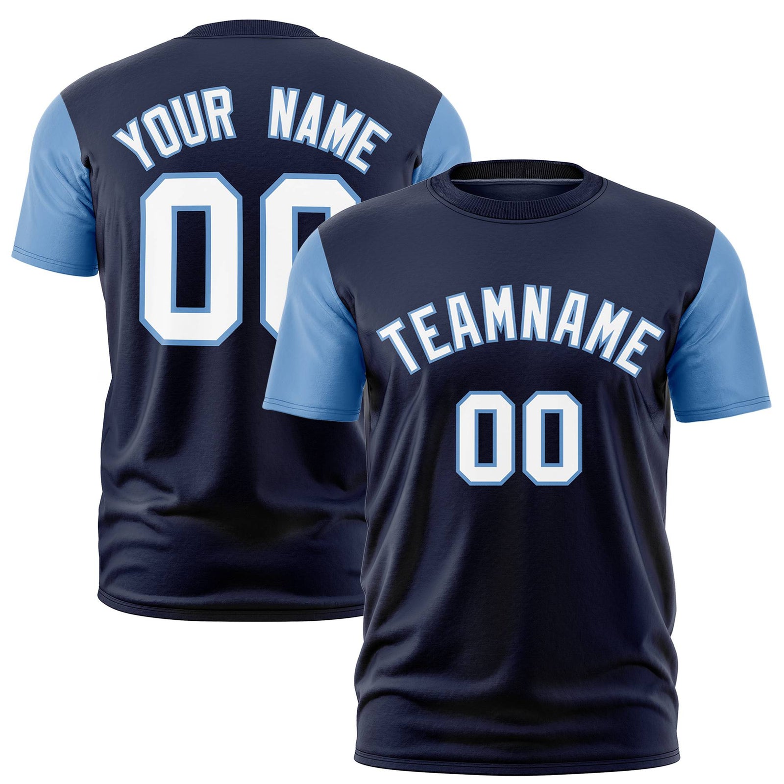 Custom Navy Light Blue White Crew Neck Personalized Raglan Sleeve Performance T-shirt