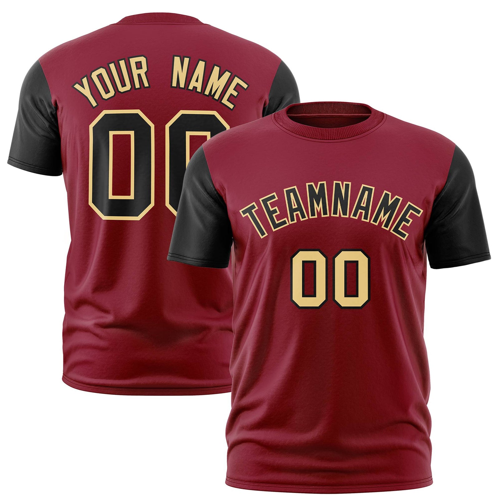 Custom Crimson Black Old Gold White Crew Neck Personalized Raglan Sleeve Performance T-shirt
