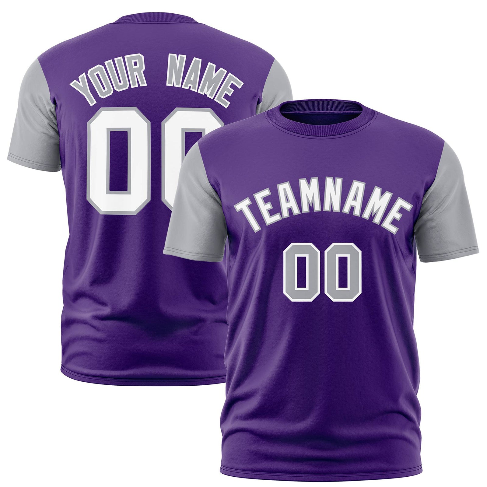 Custom Purple Gray White Crew Neck Personalized Raglan Sleeve Performance T-shirt