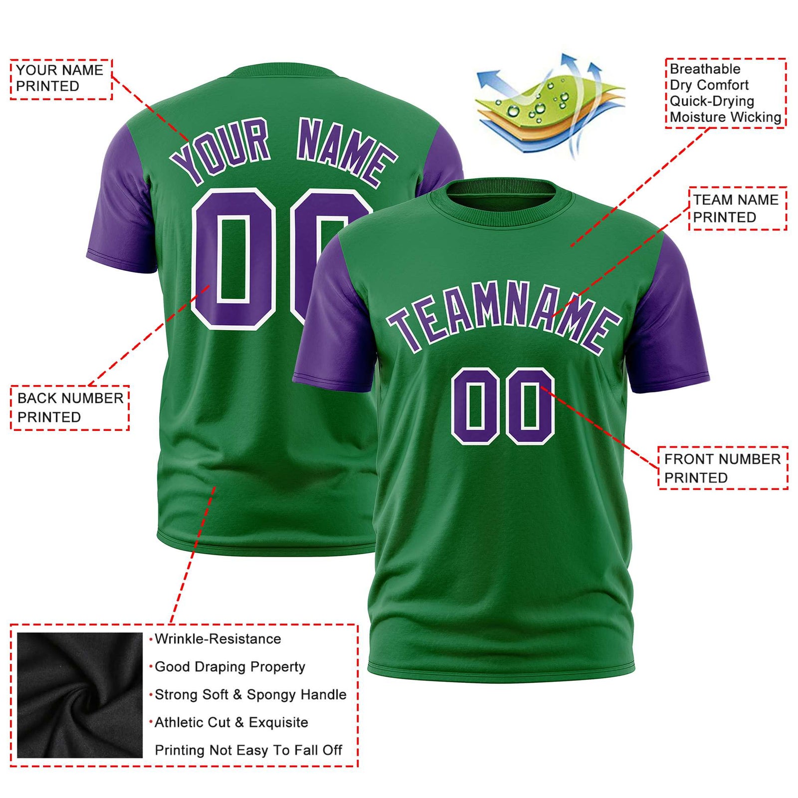 Custom Kelly Green Purple White Crew Neck Personalized Raglan Sleeve Performance T-shirt