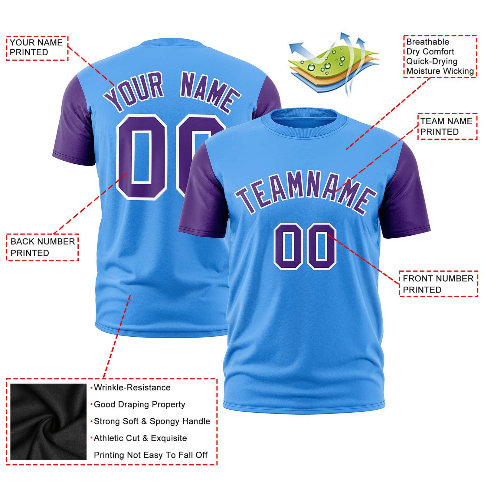 Custom Powder Blue Purple White Crew Neck Personalized Raglan Sleeve Performance T-shirt