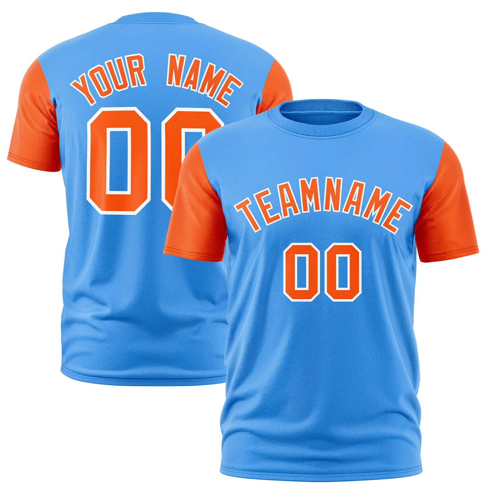 Custom Powder Blue Orange White Crew Neck Personalized Raglan Sleeve Performance T-shirt