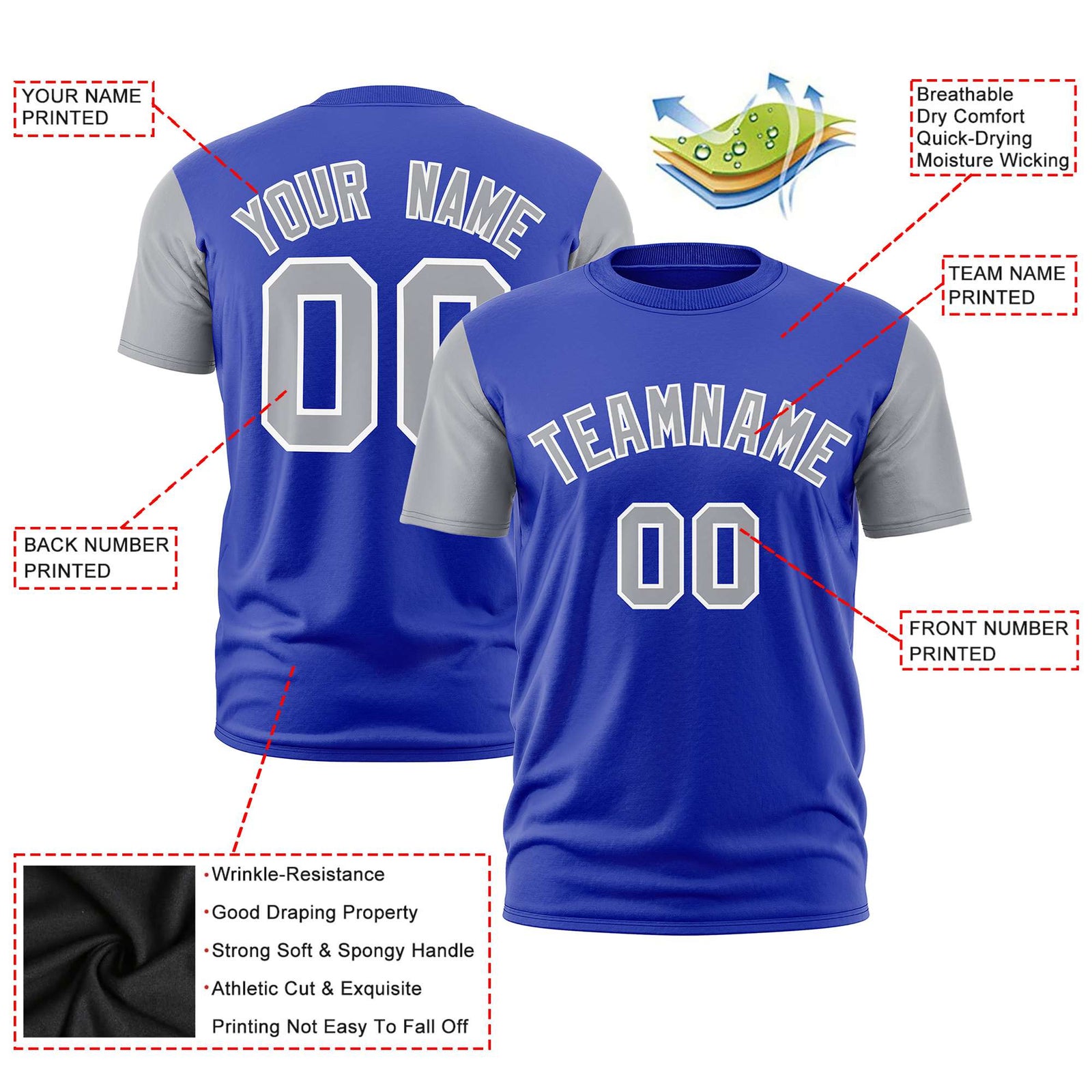 Custom Royal Blue Gray White Crew Neck Personalized Raglan Sleeve Performance T-shirt