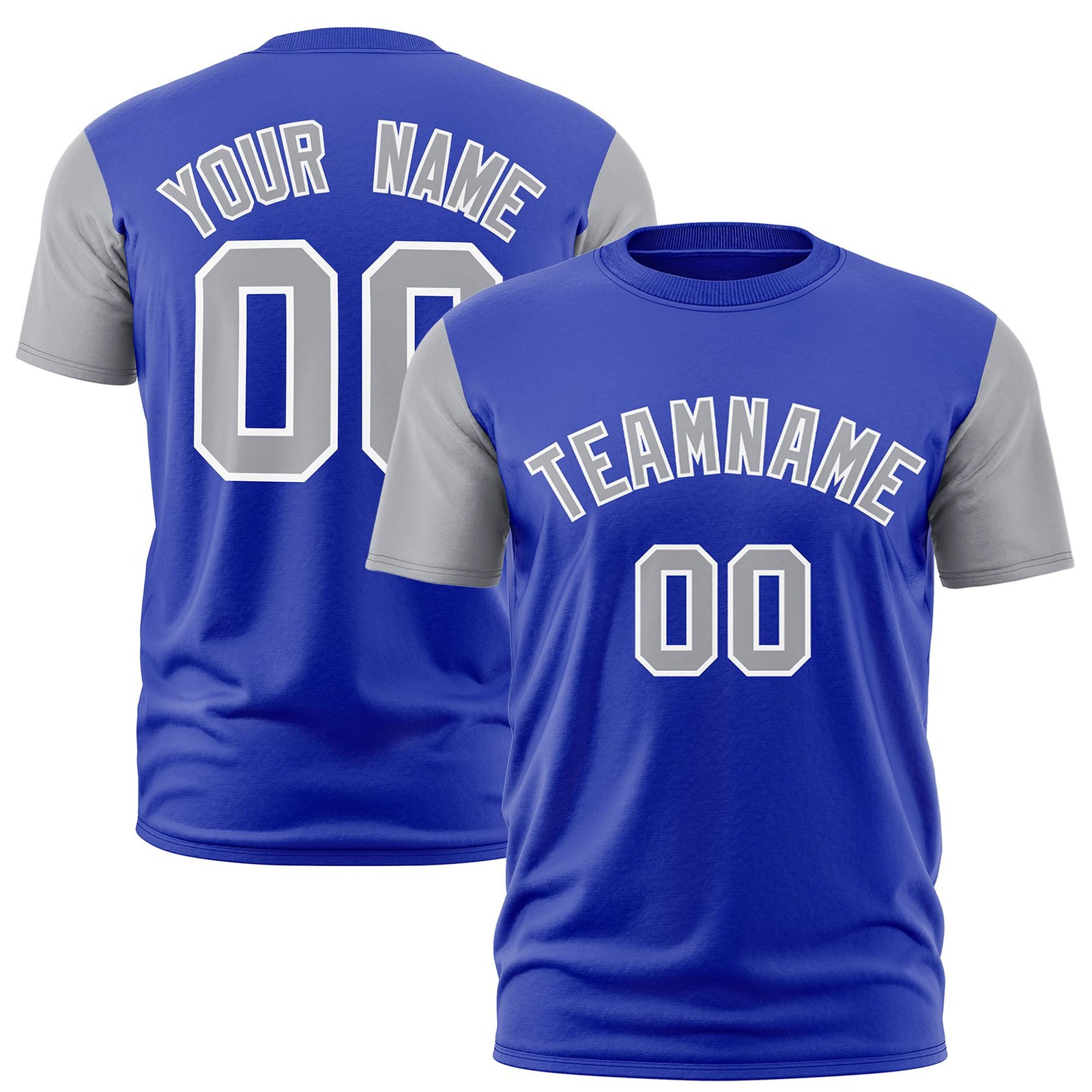 Custom Royal Blue Gray White Crew Neck Personalized Raglan Sleeve Performance T-shirt