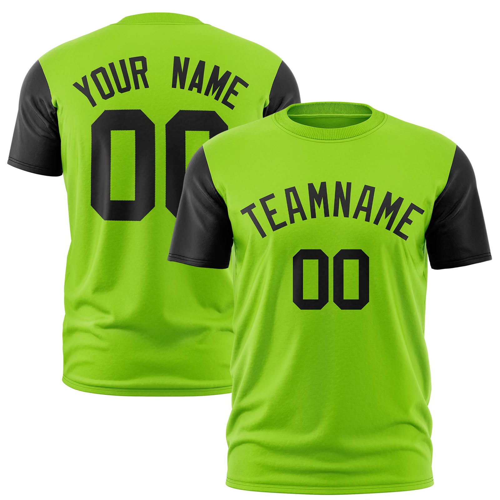 Custom Neon Green Black Crew Neck Personalized Raglan Sleeve Performance T-shirt