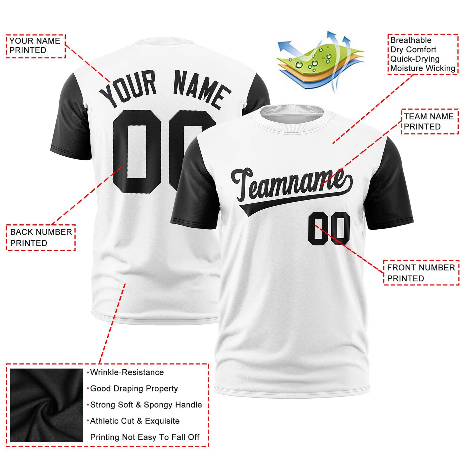 Custom White Black Crew Neck Personalized Raglan Sleeve Performance T-shirt