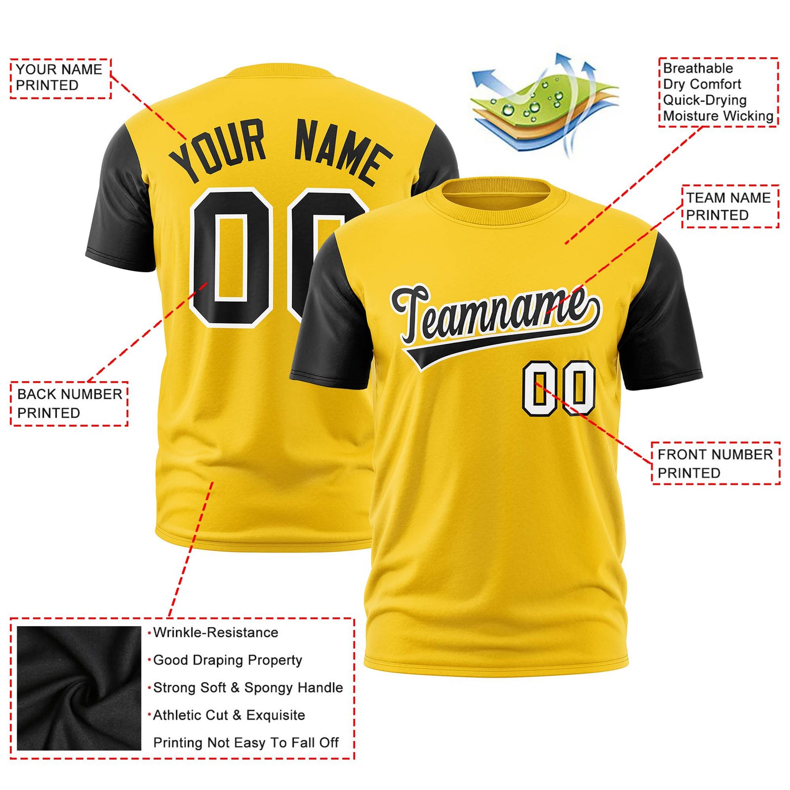 Custom Yellow Black White Crew Neck Personalized Raglan Sleeve Performance T-shirt