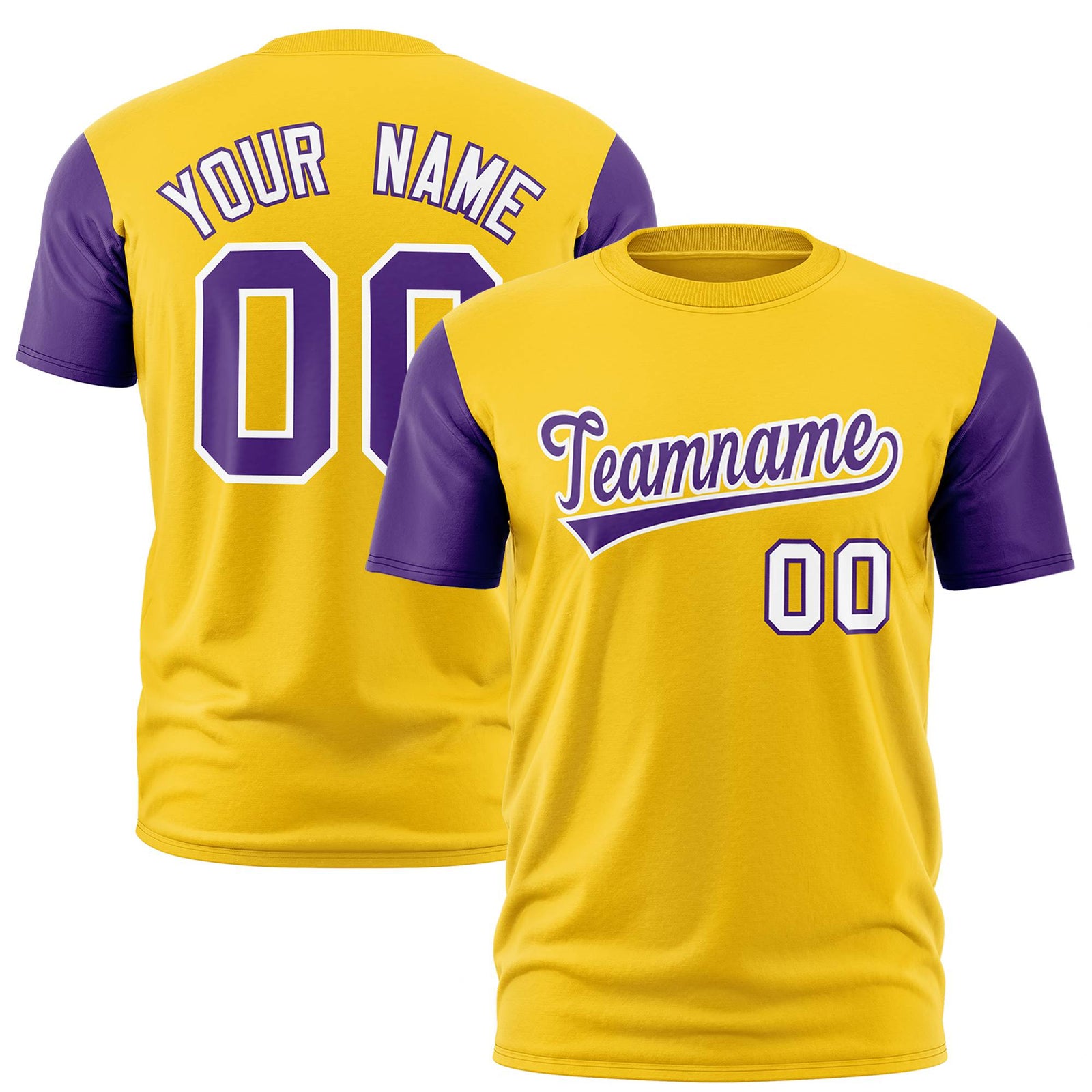 Custom Yellow Purple White Crew Neck Personalized Raglan Sleeve Performance T-shirt