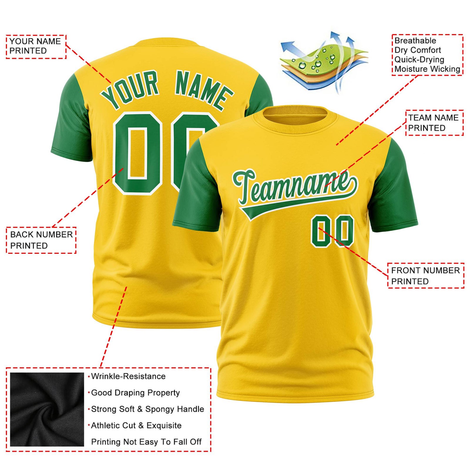 Custom Yellow Kelly Green White Crew Neck Personalized Raglan Sleeve Performance T-shirt
