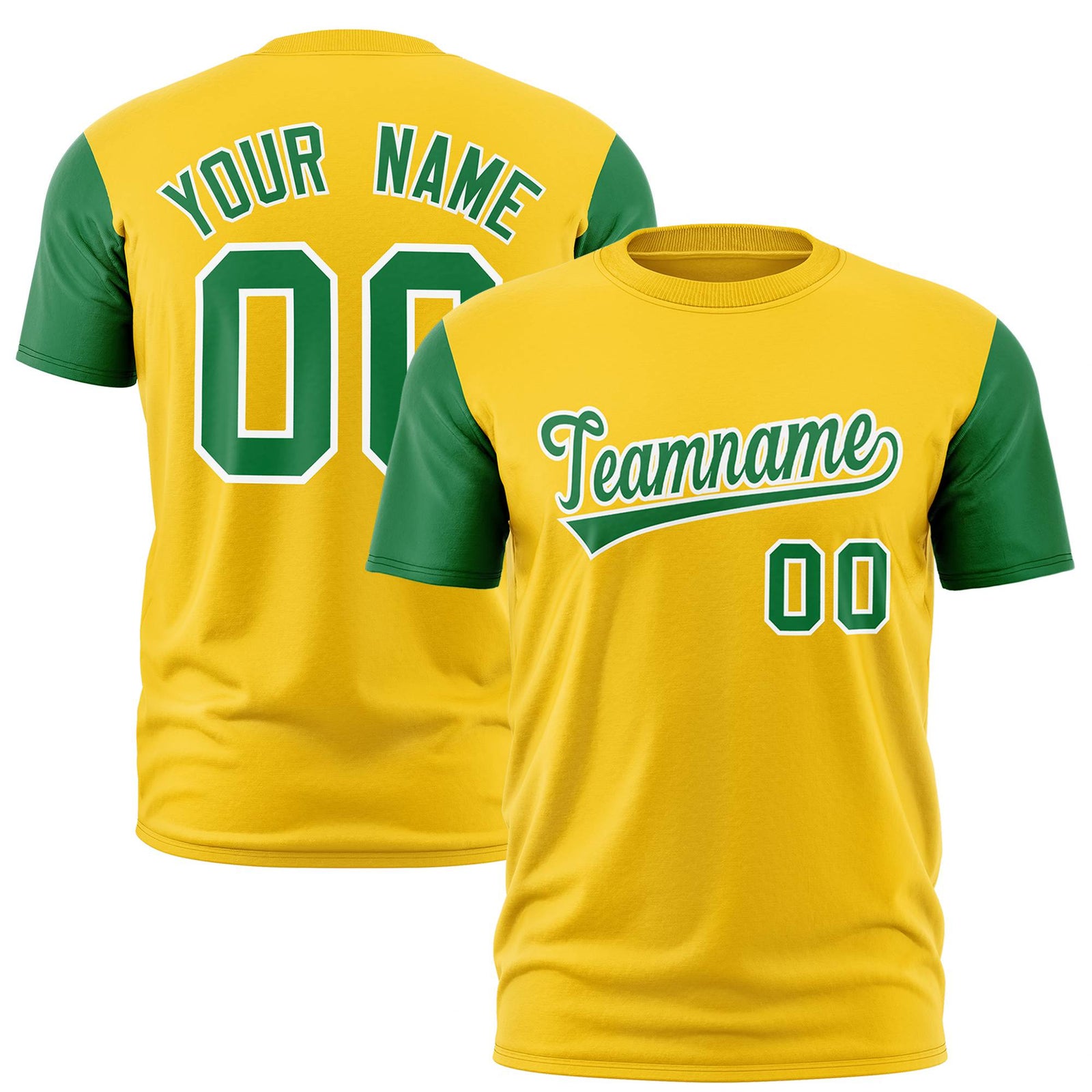 Custom Yellow Kelly Green White Crew Neck Personalized Raglan Sleeve Performance T-shirt