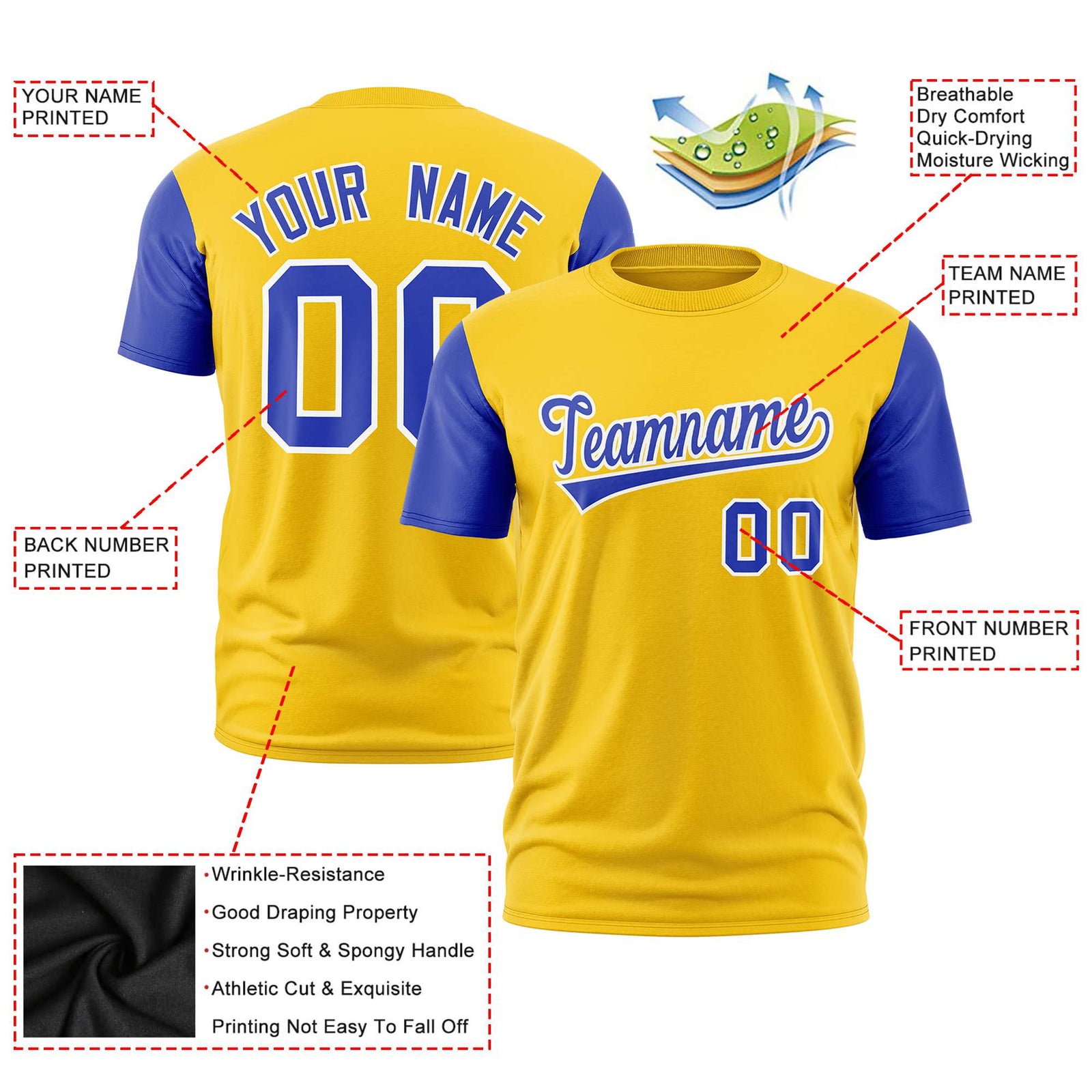 Custom Yellow Royal Blue White Crew Neck Personalized Raglan Sleeve Performance T-shirt
