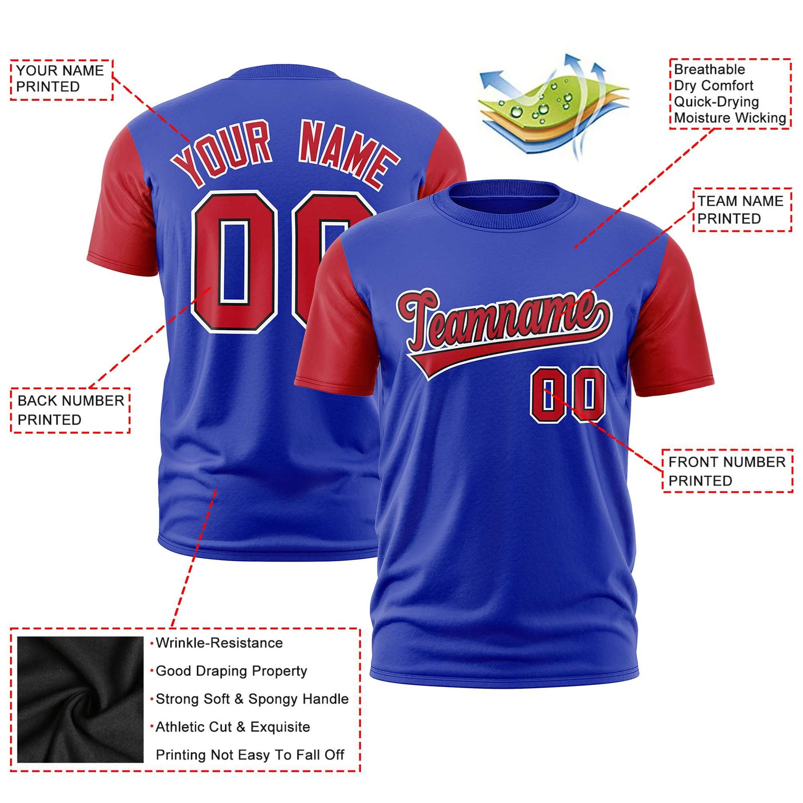 Custom Royal Blue Red White Crew Neck Personalized Raglan Sleeve Performance T-shirt