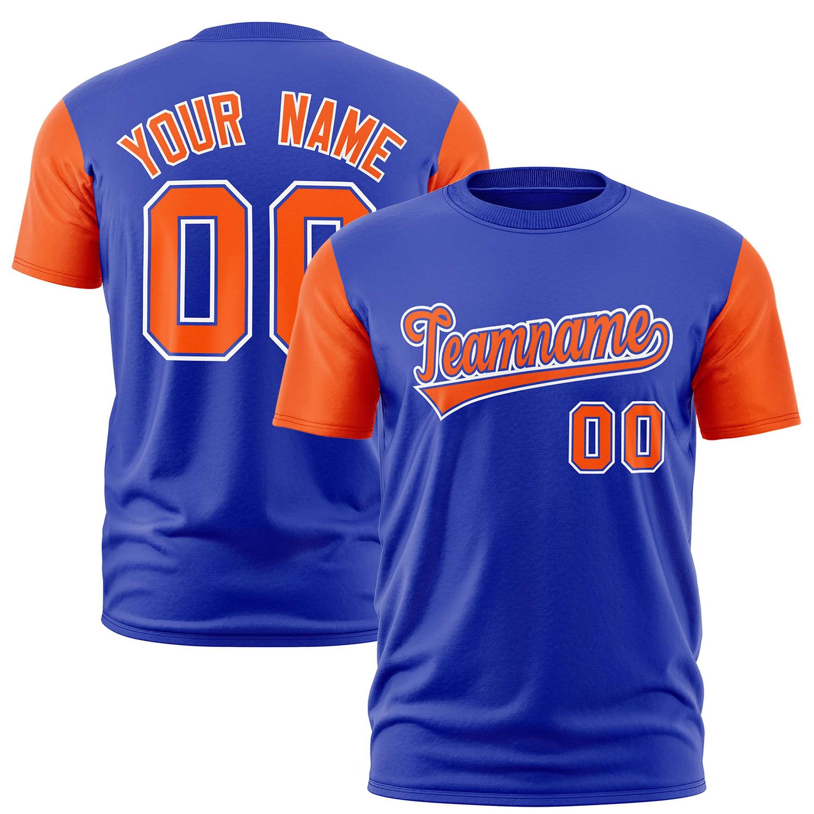 Custom Royal Blue Orange White Crew Neck Personalized Raglan Sleeve Performance T-shirt