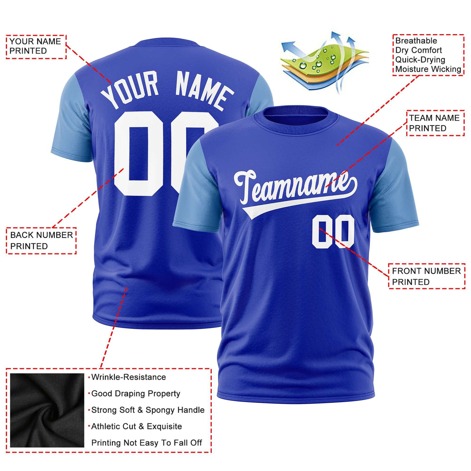 Custom Royal Blue Light Blue White Crew Neck Personalized Raglan Sleeve Performance T-shirt