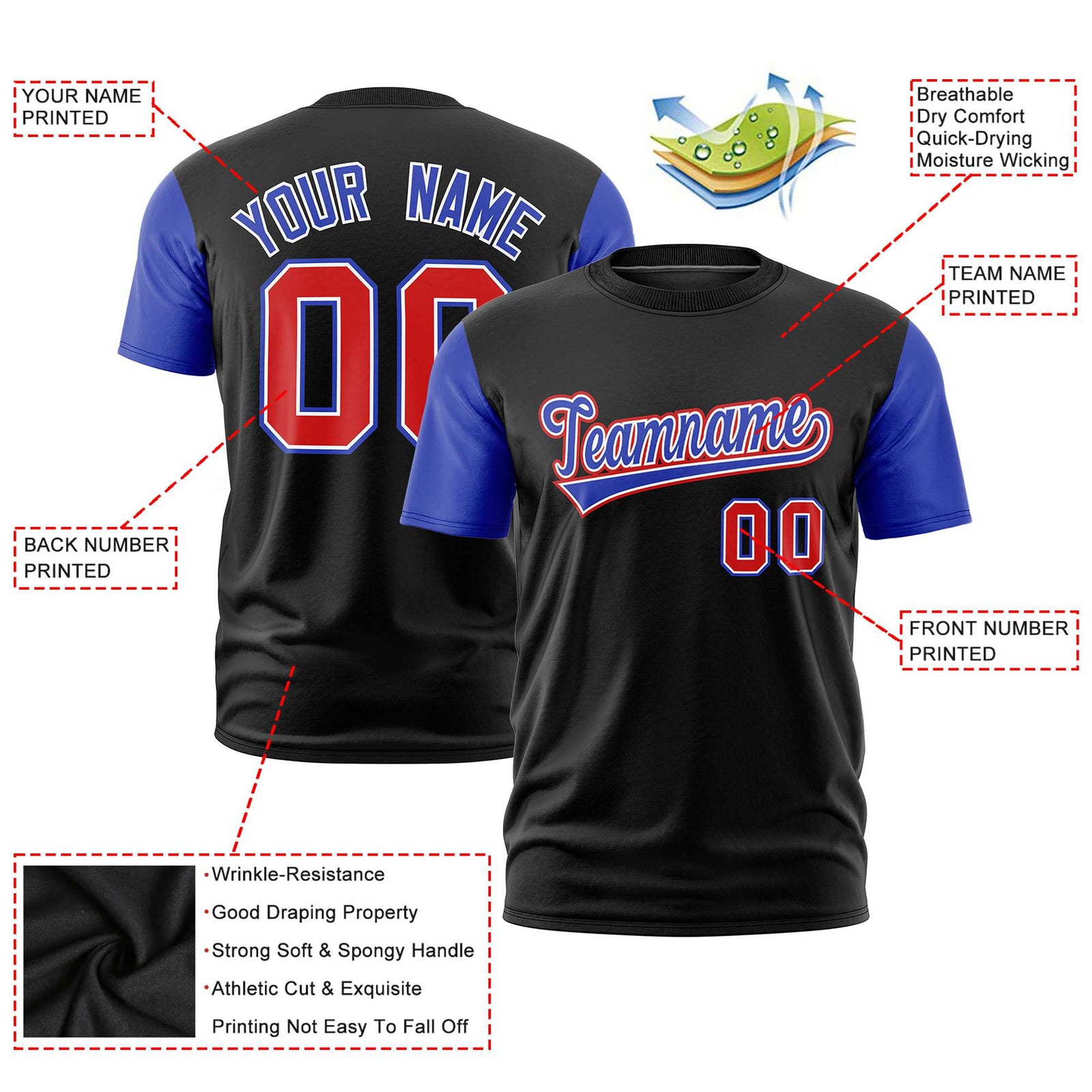 Custom Black Royal Blue Red Crew Neck Personalized Raglan Sleeve Performance T-shirt