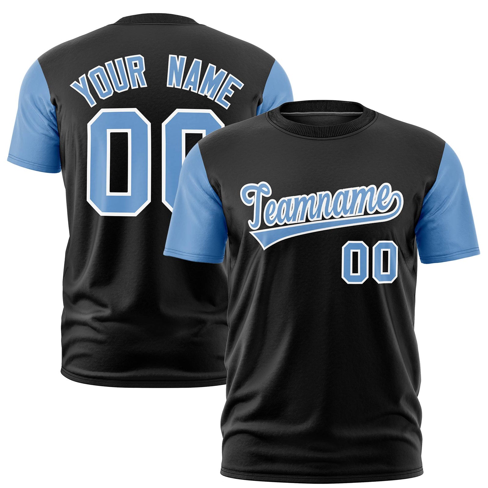 Custom Black Light Blue White Crew Neck Personalized Raglan Sleeve Performance T-shirt