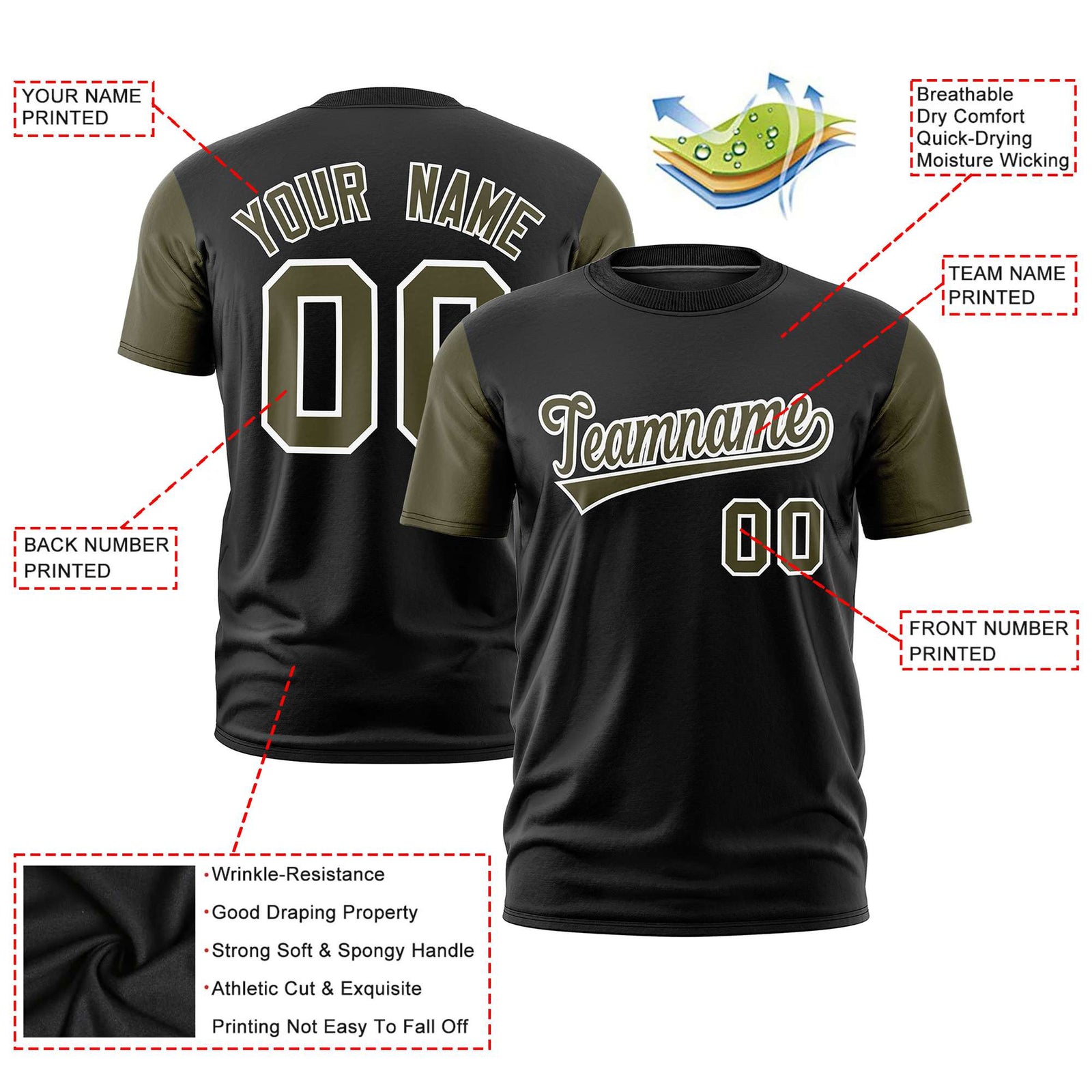 Custom Black Olive White Crew Neck Personalized Raglan Sleeve Performance T-shirt
