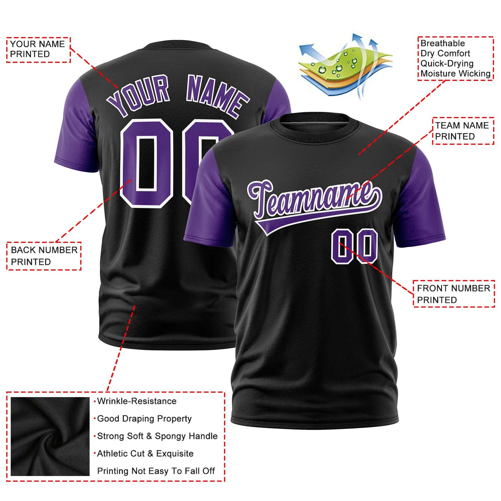 Custom Black Purple White Crew Neck Personalized Raglan Sleeve Performance T-shirt