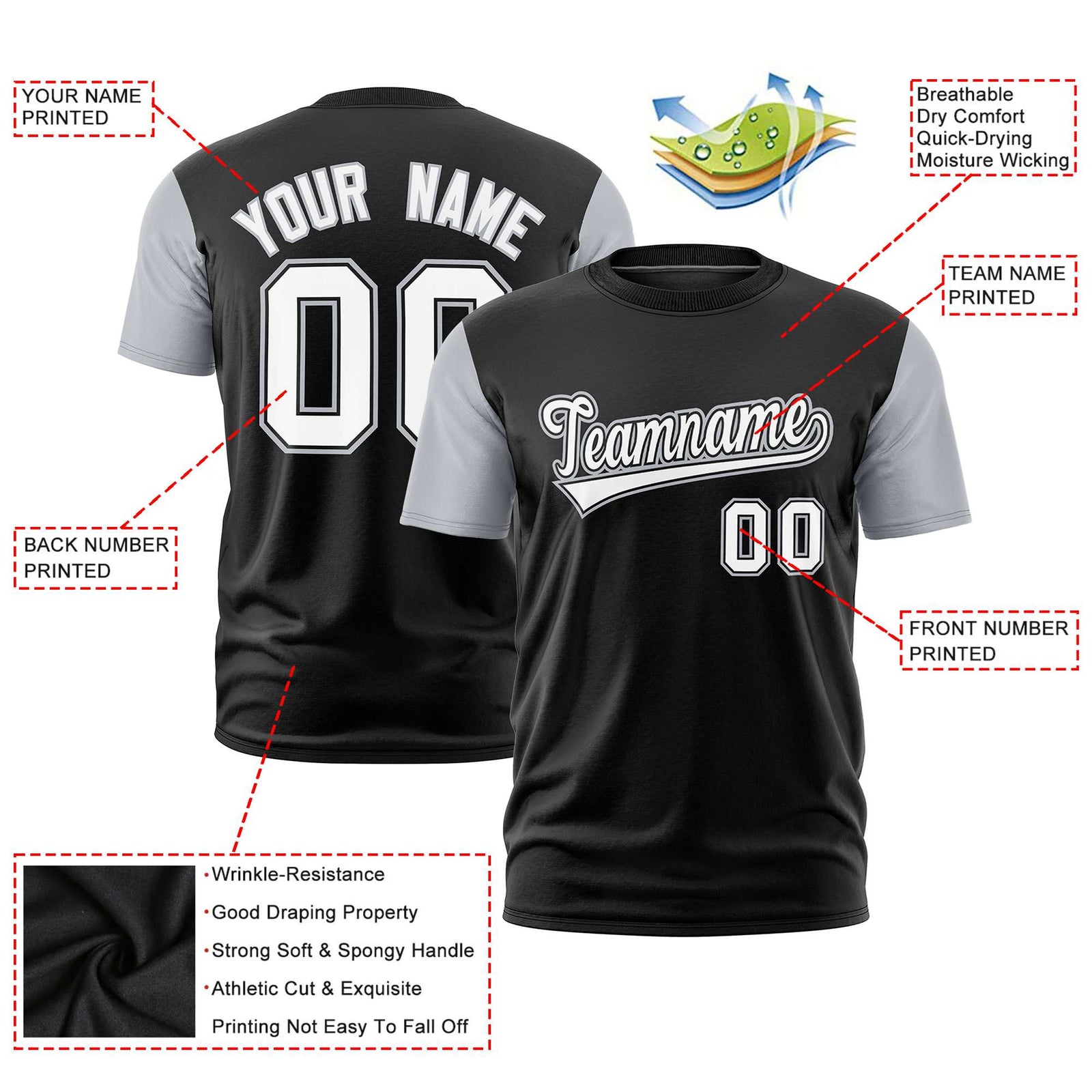 Custom Black Gray White Crew Neck Personalized Raglan Sleeve Performance T-shirt