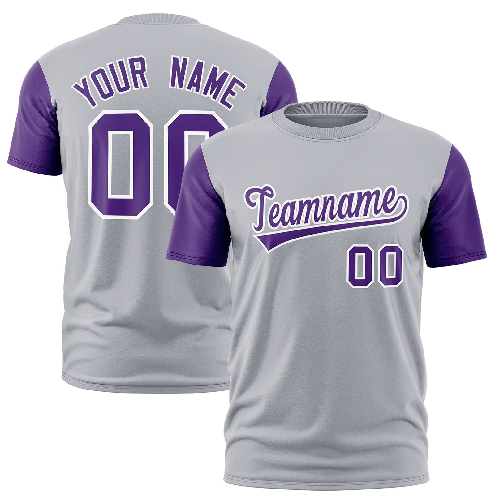 Custom Gray Purple White Crew Neck Personalized Raglan Sleeve Performance T-shirt
