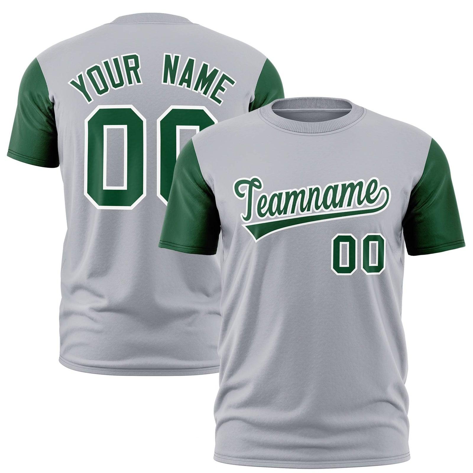 Custom Gray Kelly Green White Crew Neck Personalized Raglan Sleeve Performance T-shirt