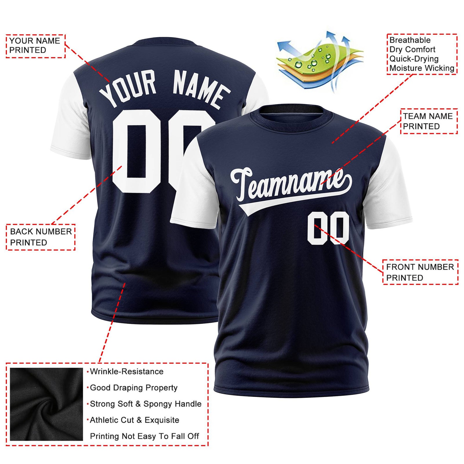 Custom Navy White Crew Neck Personalized Raglan Sleeve Performance T-shirt