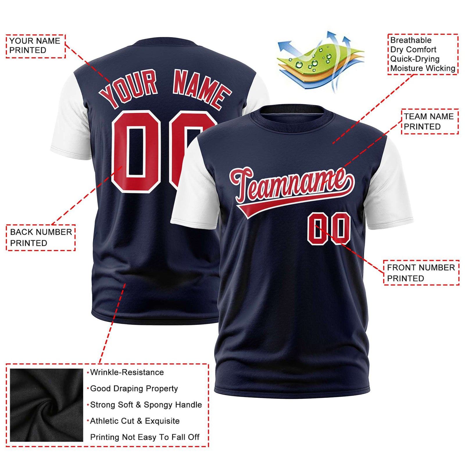 Custom Navy White Red Crew Neck Personalized Raglan Sleeve Performance T-shirt
