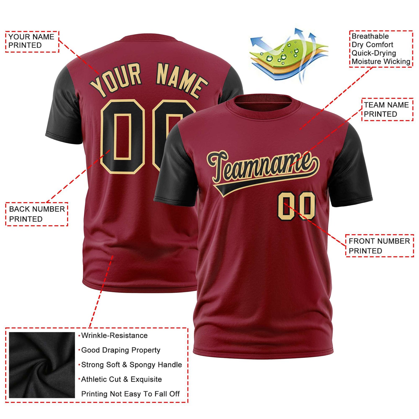 Custom Crimson Black Old Gold White Crew Neck Personalized Raglan Sleeve Performance T-shirt
