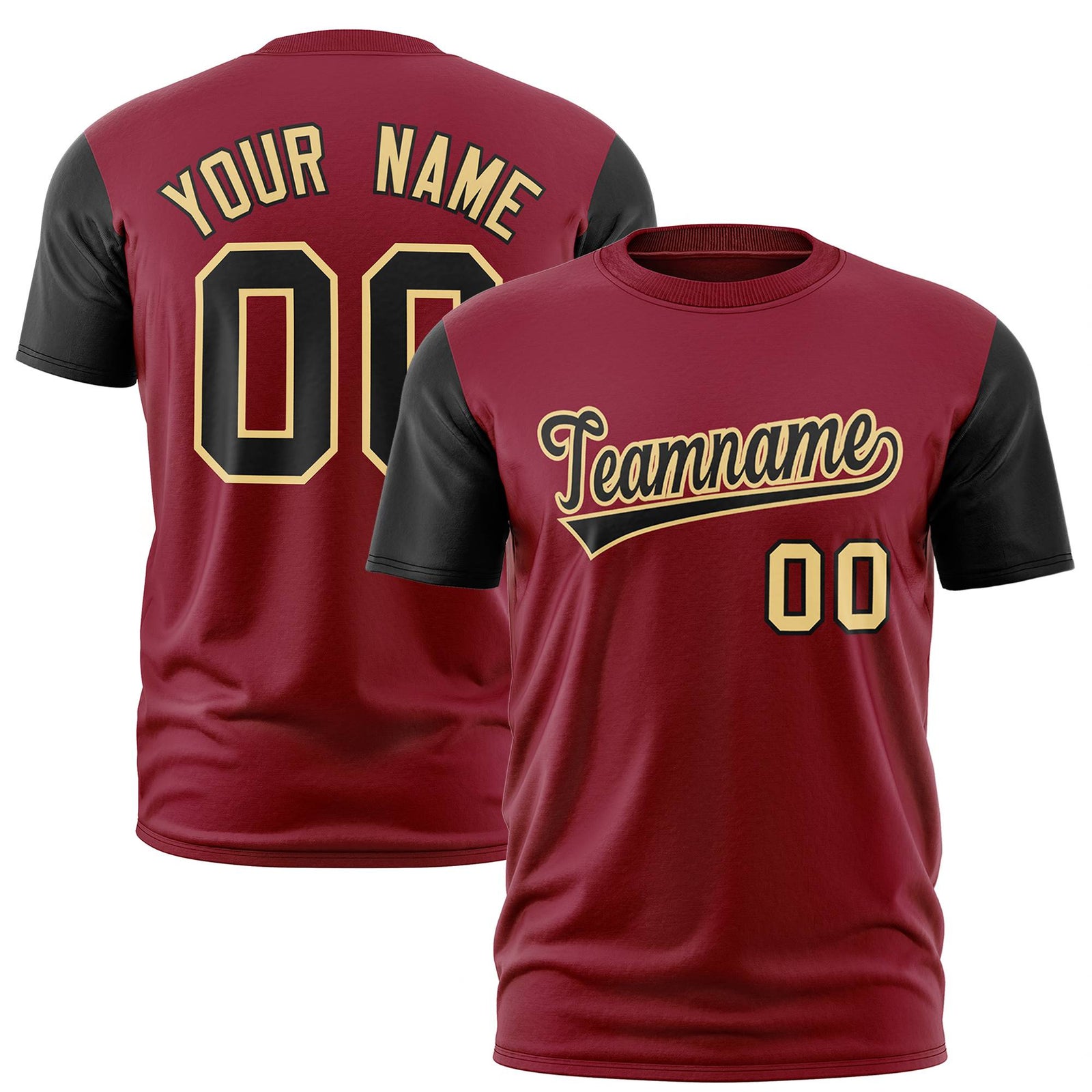 Custom Crimson Black Old Gold White Crew Neck Personalized Raglan Sleeve Performance T-shirt