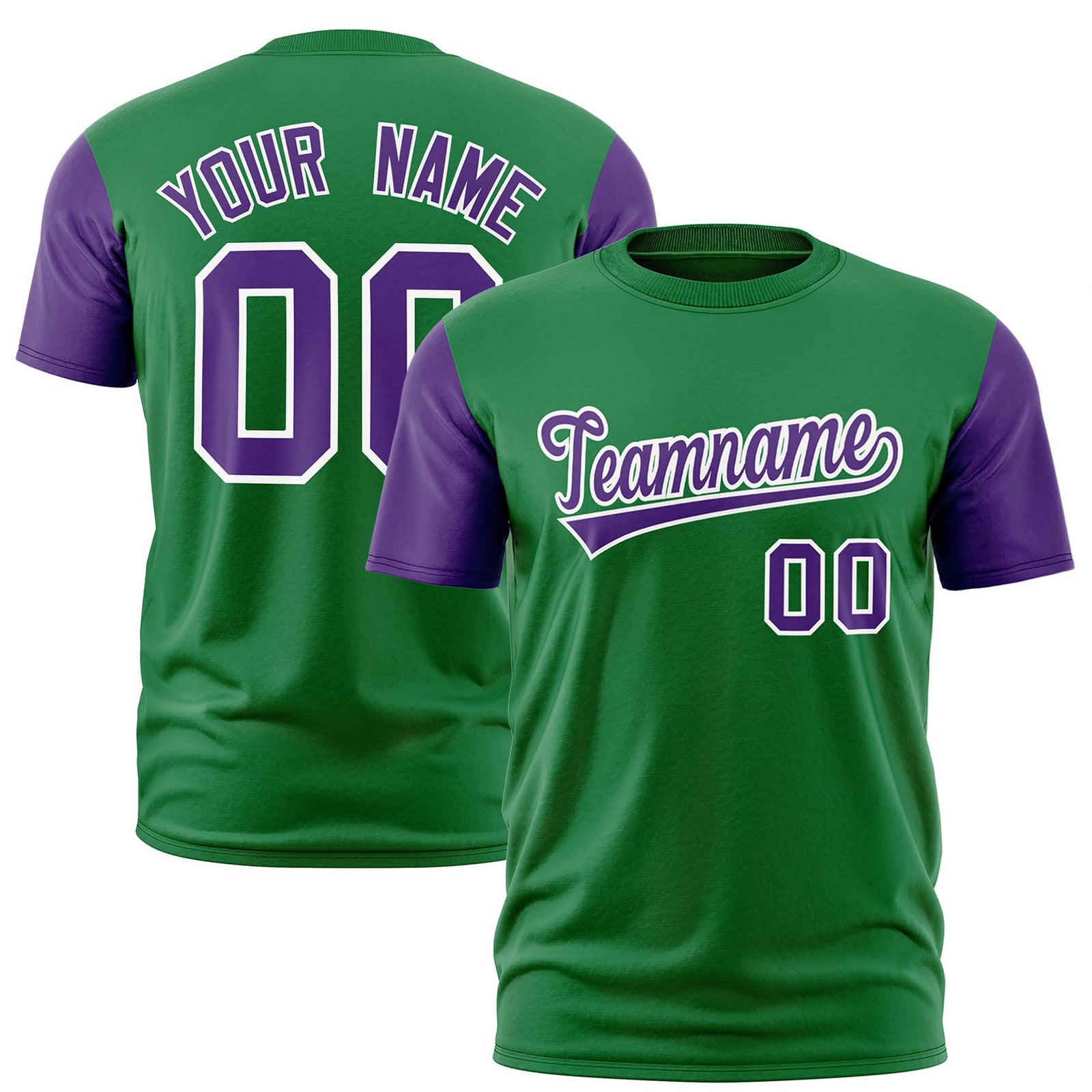 Custom Kelly Green Purple White Crew Neck Personalized Raglan Sleeve Performance T-shirt