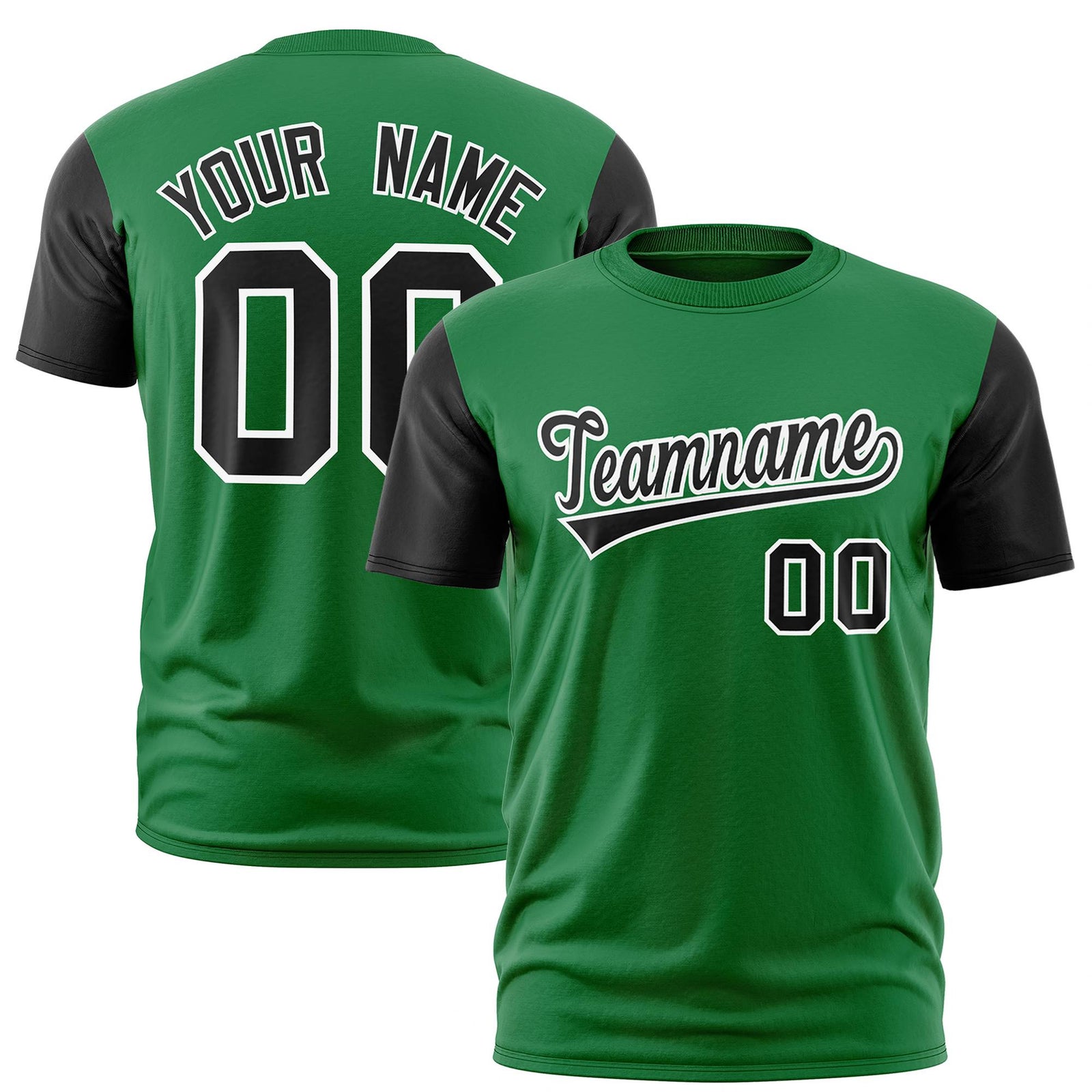 Custom Kelly Green Black White Crew Neck Personalized Raglan Sleeve Performance T-shirt
