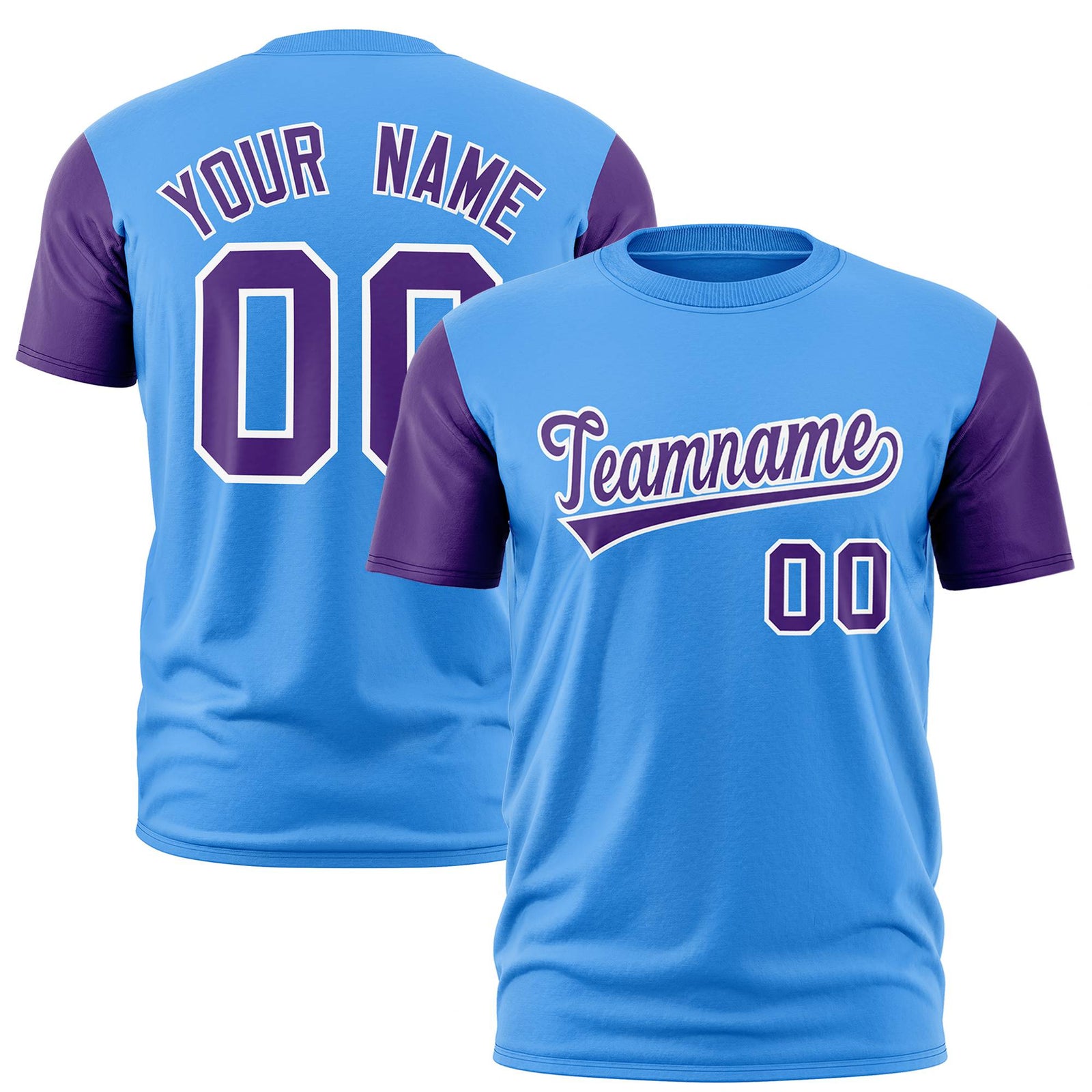 Custom Powder Blue Purple White Crew Neck Personalized Raglan Sleeve Performance T-shirt