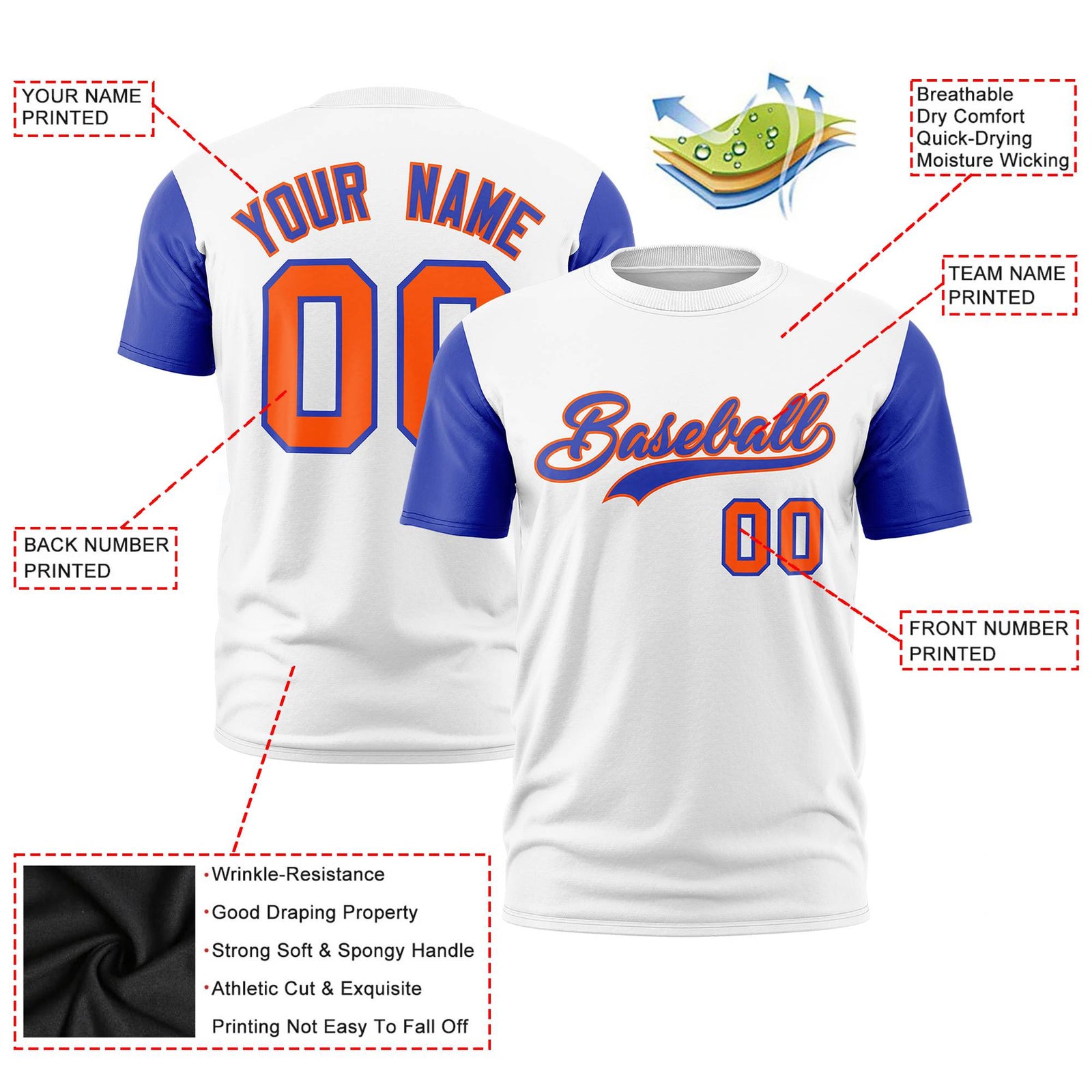 Custom White Royal Blue Orange Crew Neck Personalized Raglan Sleeve Performance T-shirt