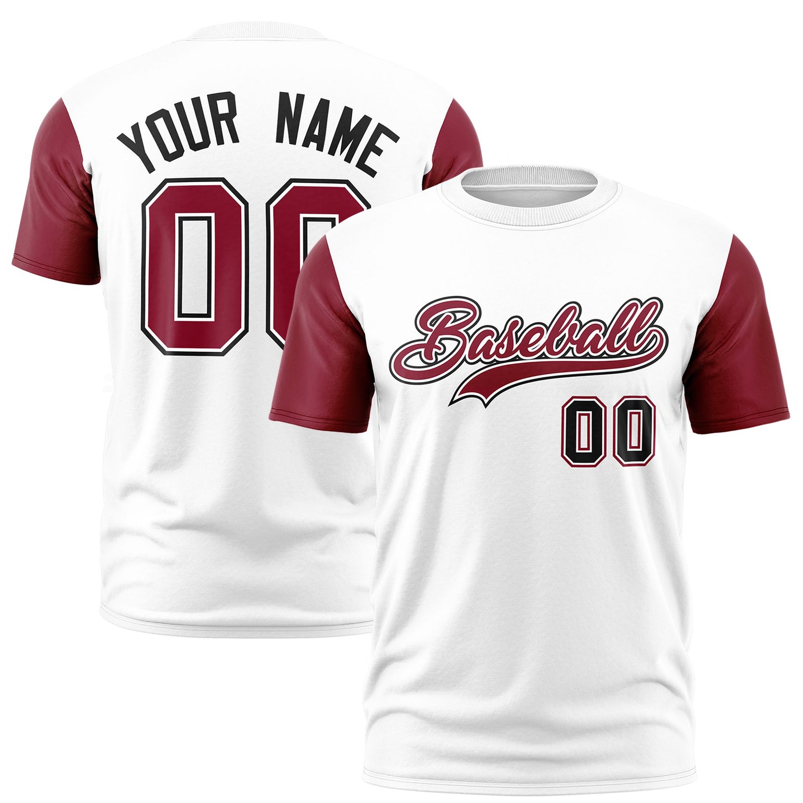Custom White Crimson Black Crew Neck Personalized Raglan Sleeve Performance T-shirt