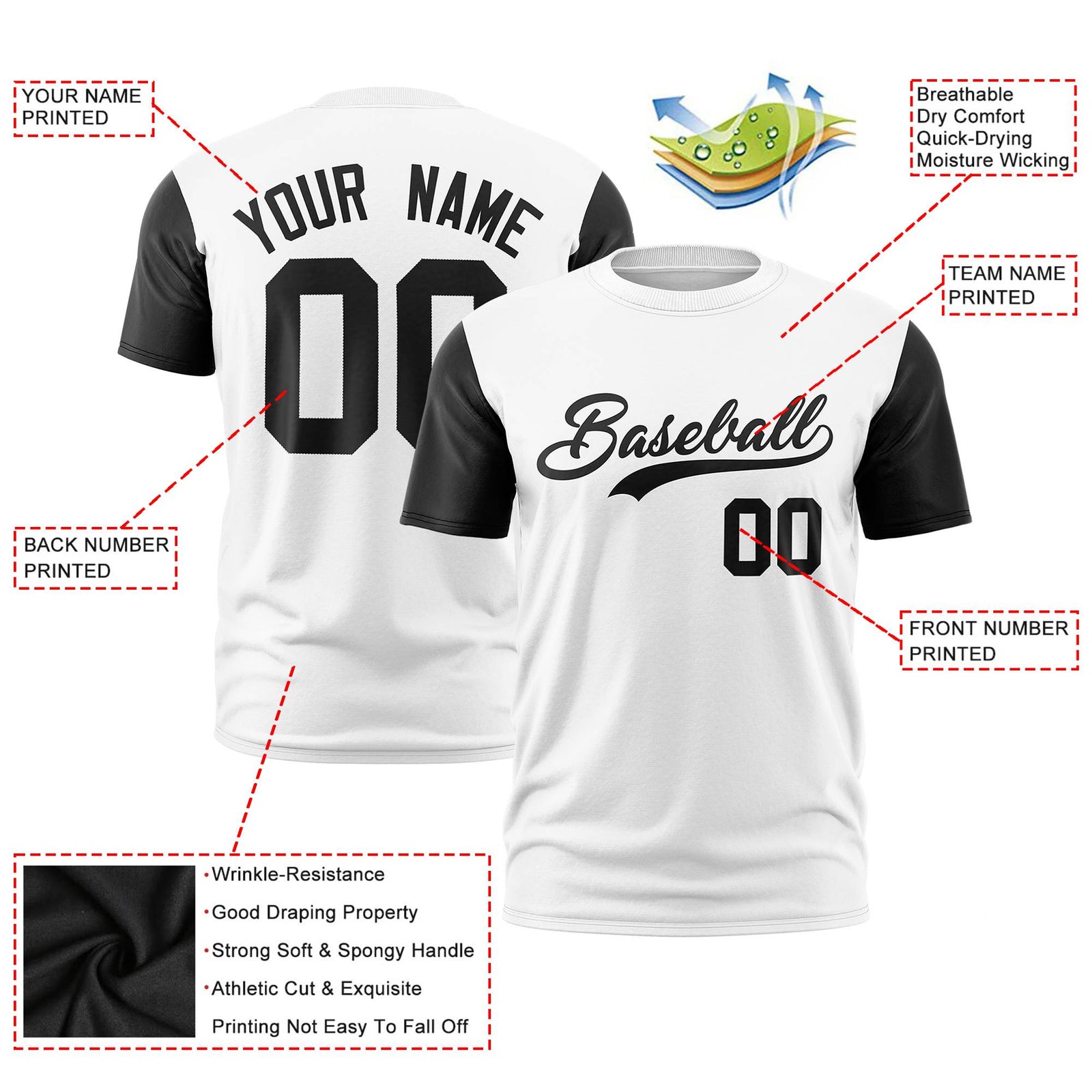 Custom White Black Crew Neck Personalized Raglan Sleeve Performance T-shirt
