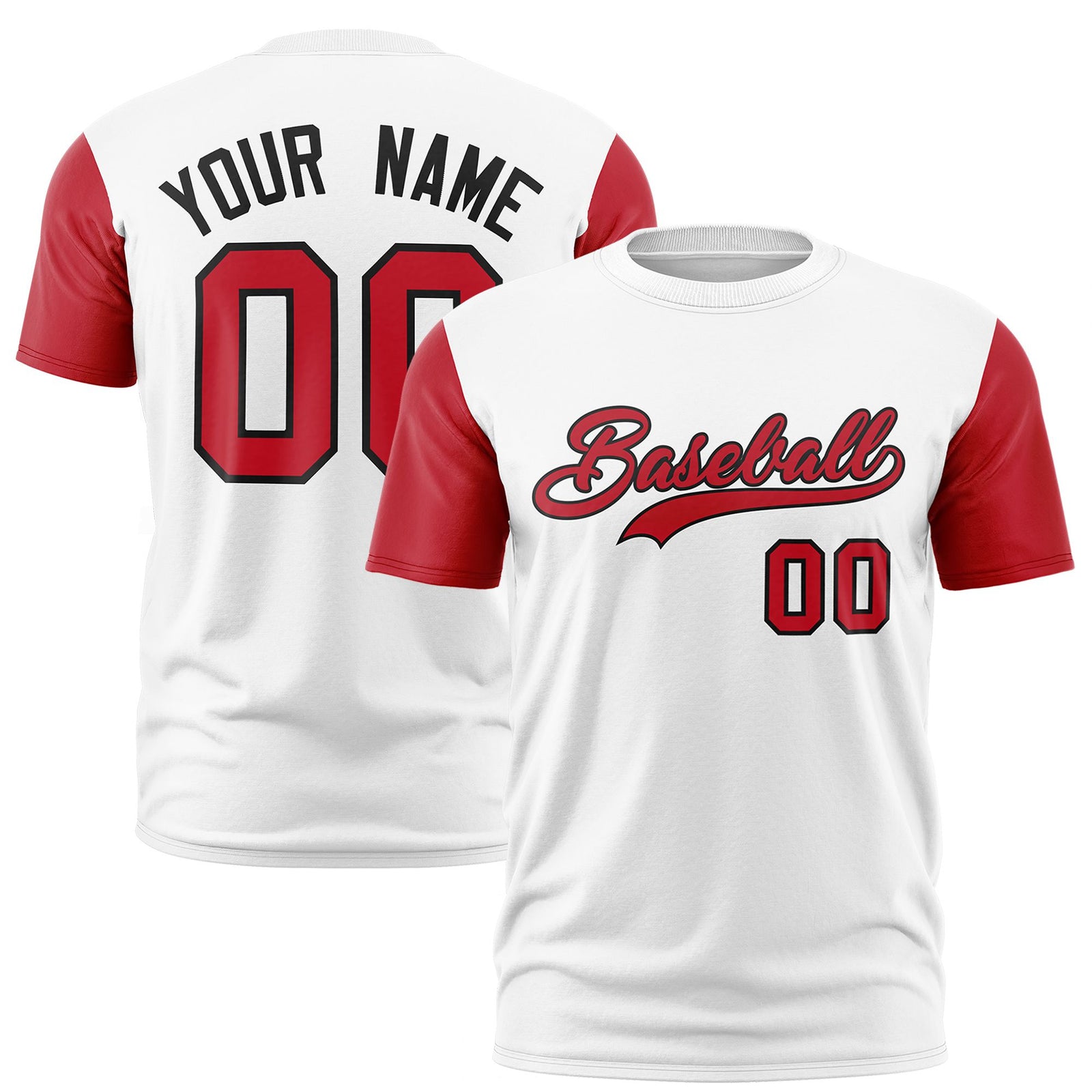 Custom White Red Black Crew Neck Personalized Raglan Sleeve Performance T-shirt