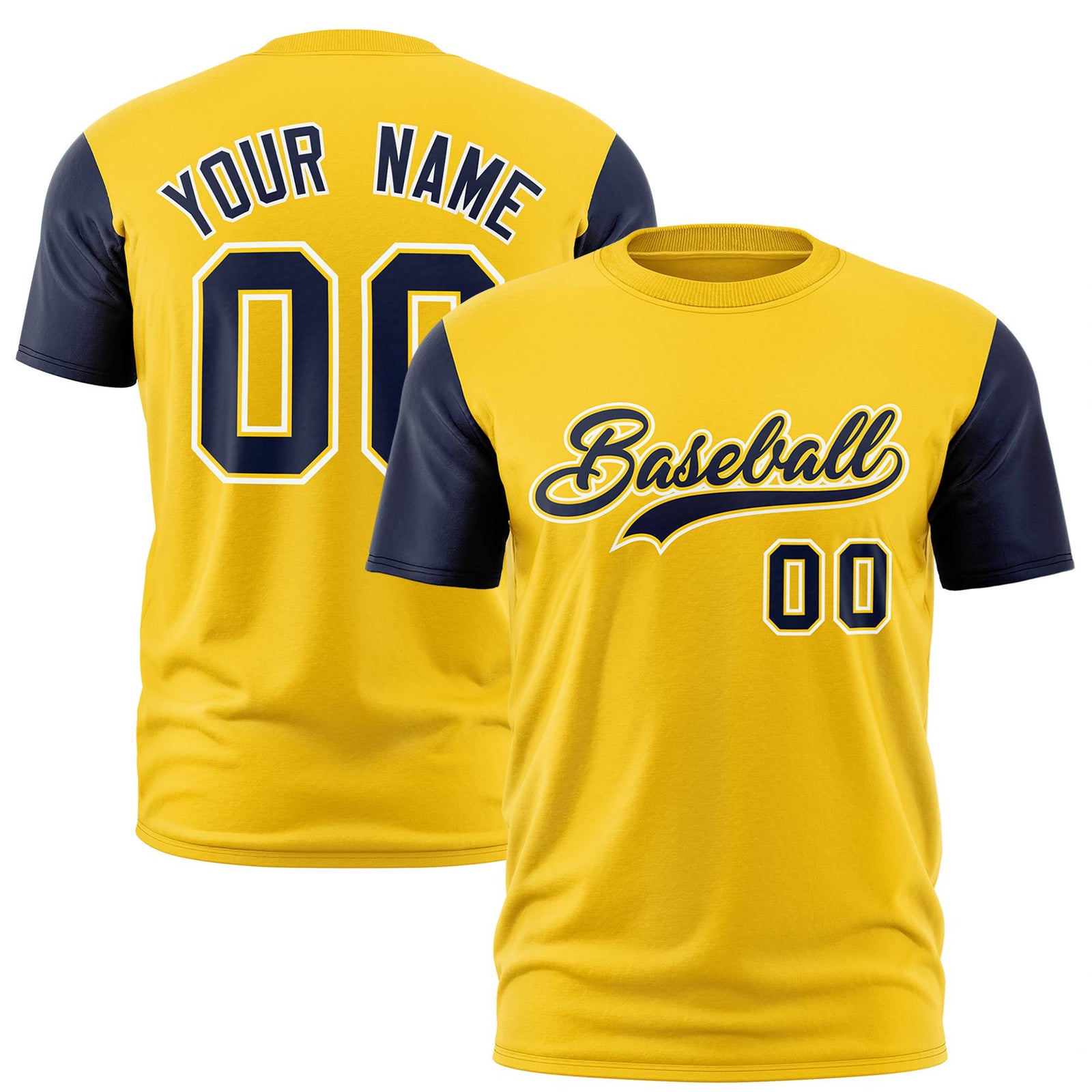 Custom Yellow Navy White Crew Neck Personalized Raglan Sleeve Performance T-shirt