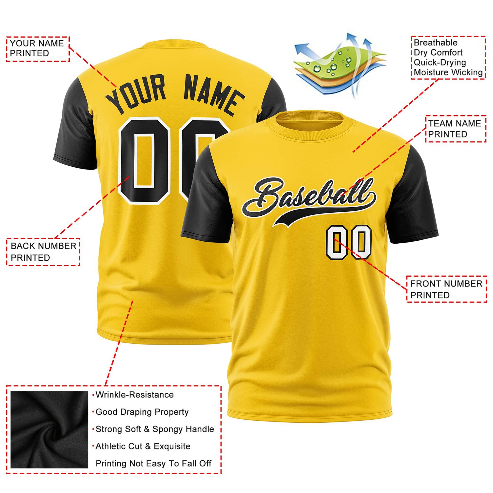Custom Yellow Black White Crew Neck Personalized Raglan Sleeve Performance T-shirt